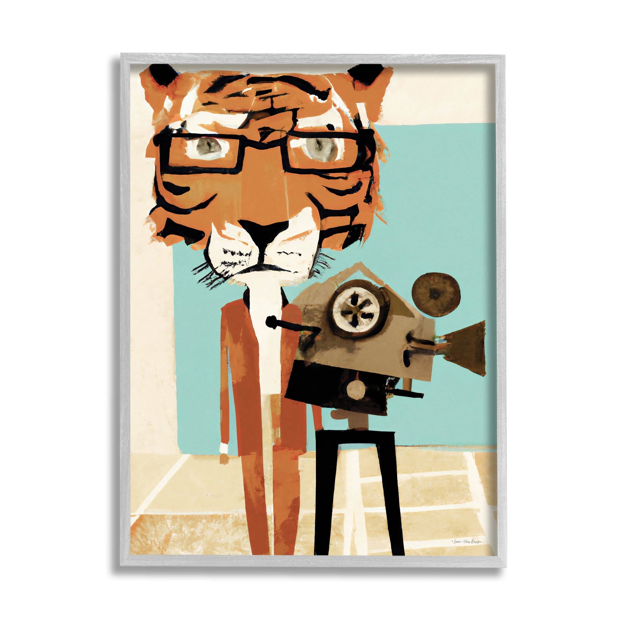 Stupell Modern Tiger Filming Camera Animals & Insects Painting Gray Framed Art Print Wall Art