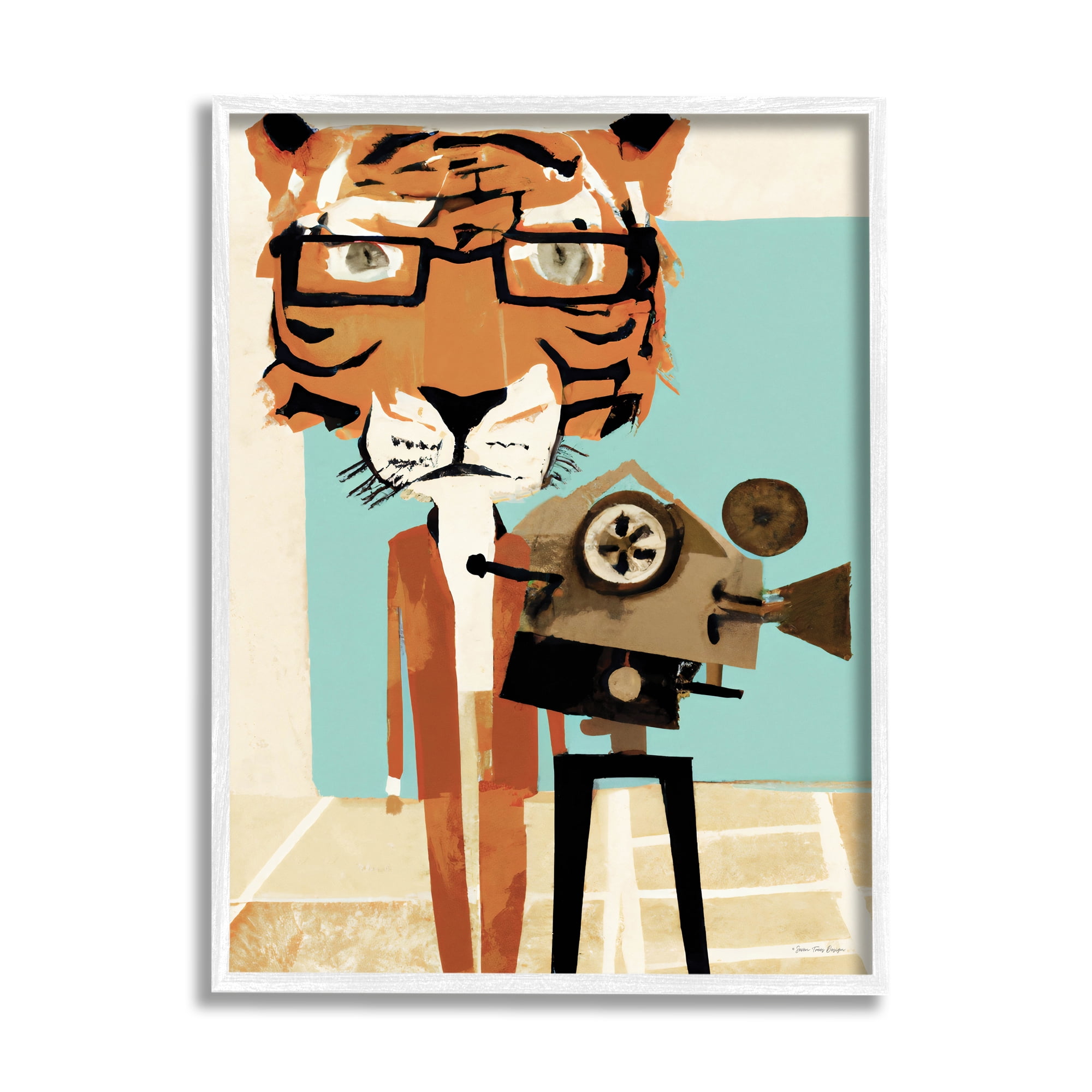 Stupell Modern Tiger Filming Camera Animals & Insects Painting White Framed Art Print Wall Art