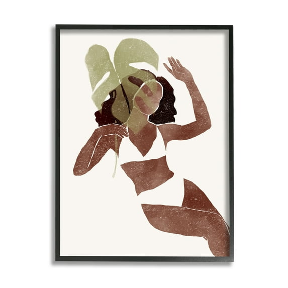 Stupell Monstera Leaf Girl Earth Tones Botanical & Floral Painting Black Framed Art Print Wall Art