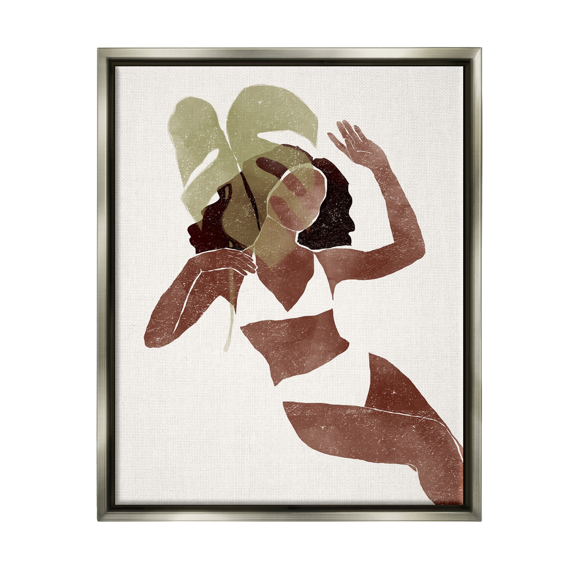 Stupell Monstera Leaf Girl Earth Tones Botanical & Floral Painting Gray Floater Framed Art Print Wall Art