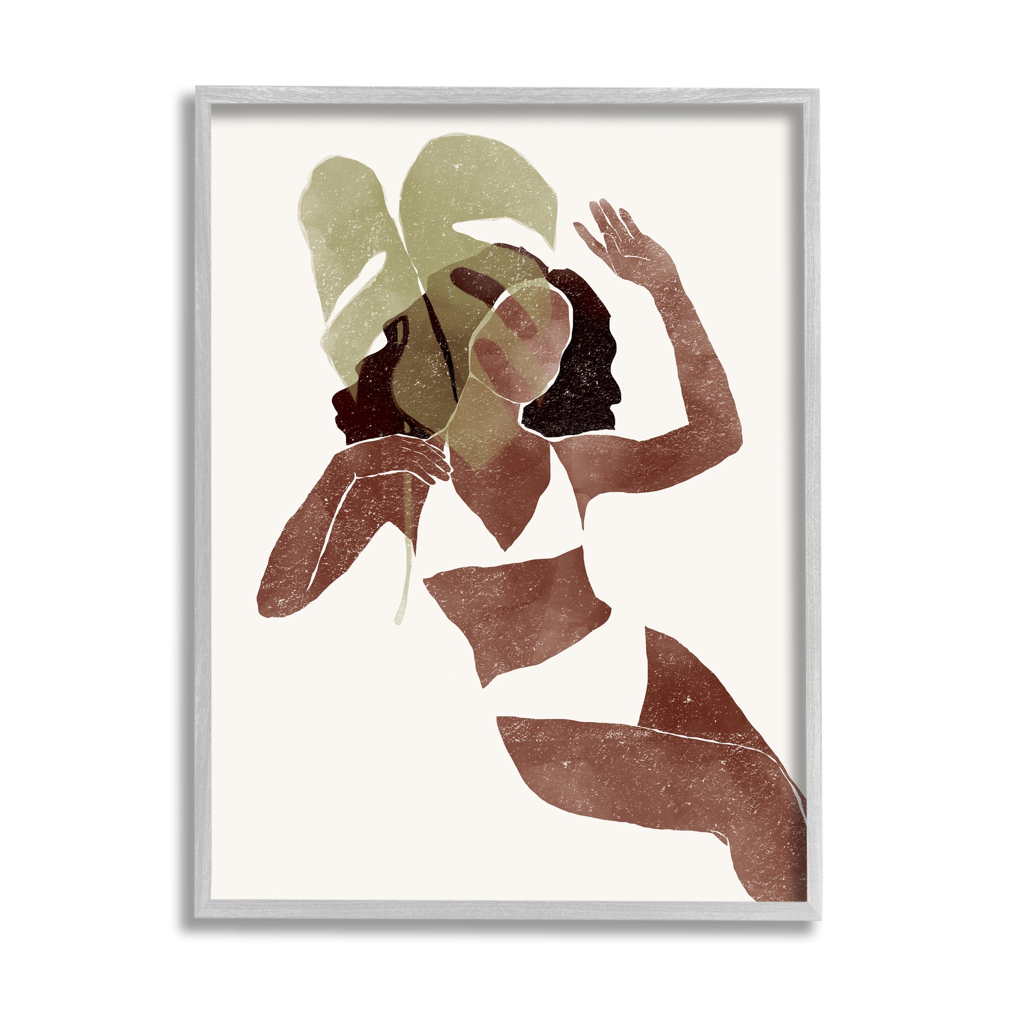 Stupell Monstera Leaf Girl Earth Tones Botanical & Floral Painting Gray Framed Art Print Wall Art