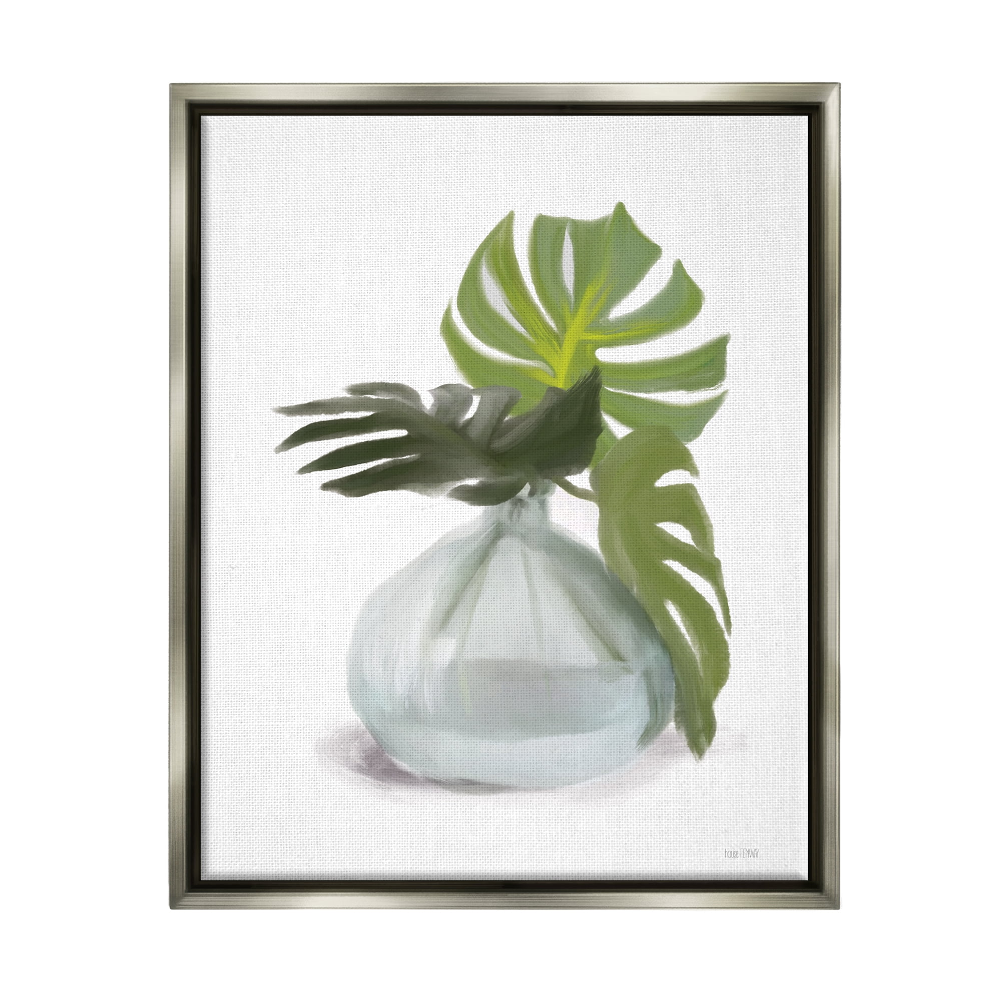 Stupell Monstera Leaf Sprigs Jar Botanical & Floral Painting Gray Floater Framed Art Print Wall Art