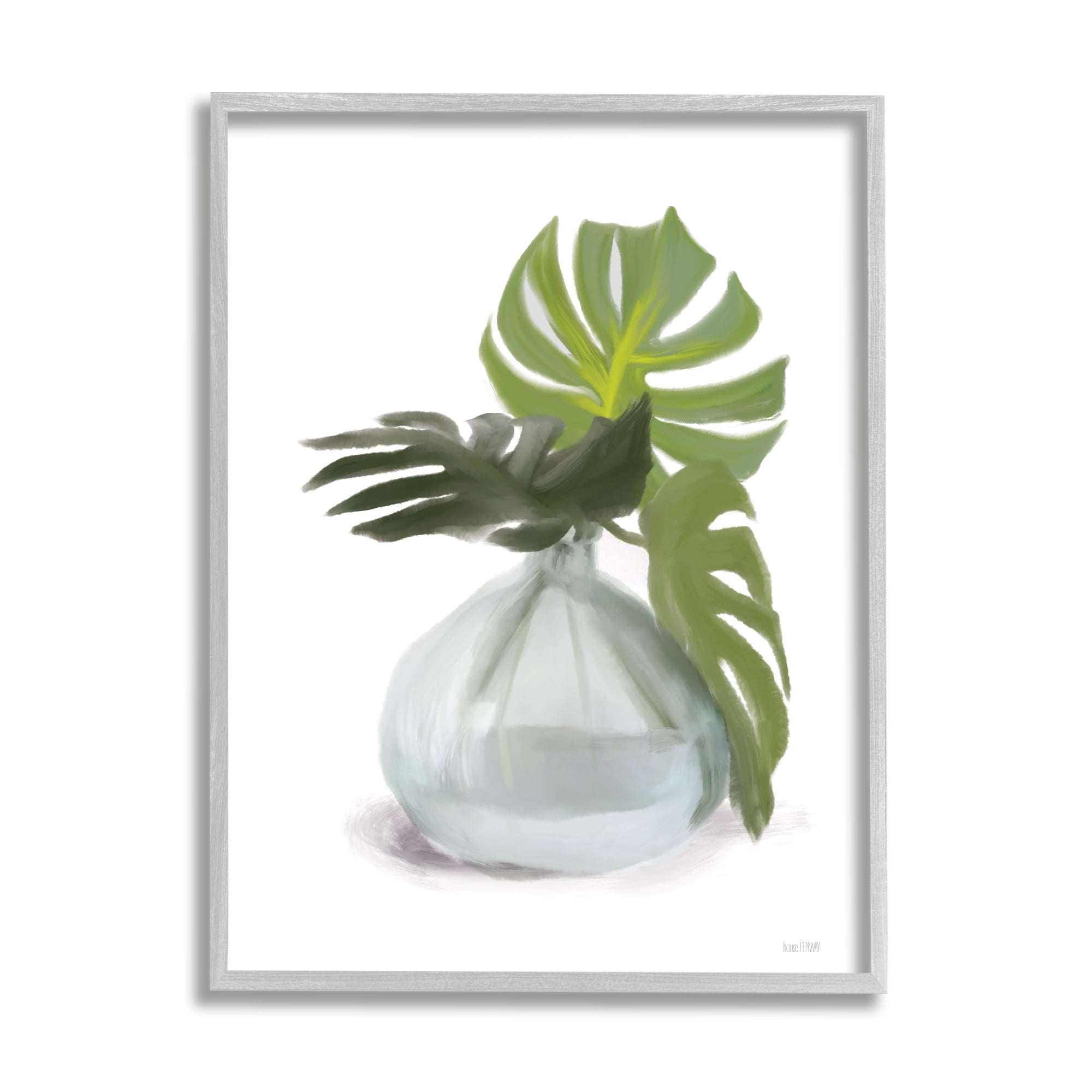 Stupell Monstera Leaf Sprigs Jar Botanical & Floral Painting Gray Framed Art Print Wall Art