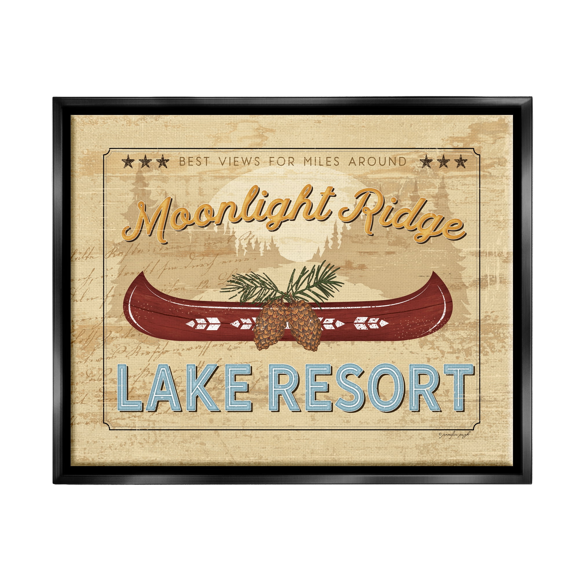 Stupell Moonlight Ridge Lake Resort Canoe Landscape Painting Black Floater Framed Art Print Wall Art