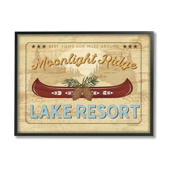 Stupell Moonlight Ridge Lake Resort Canoe Landscape Painting Black Framed Art Print Wall Art