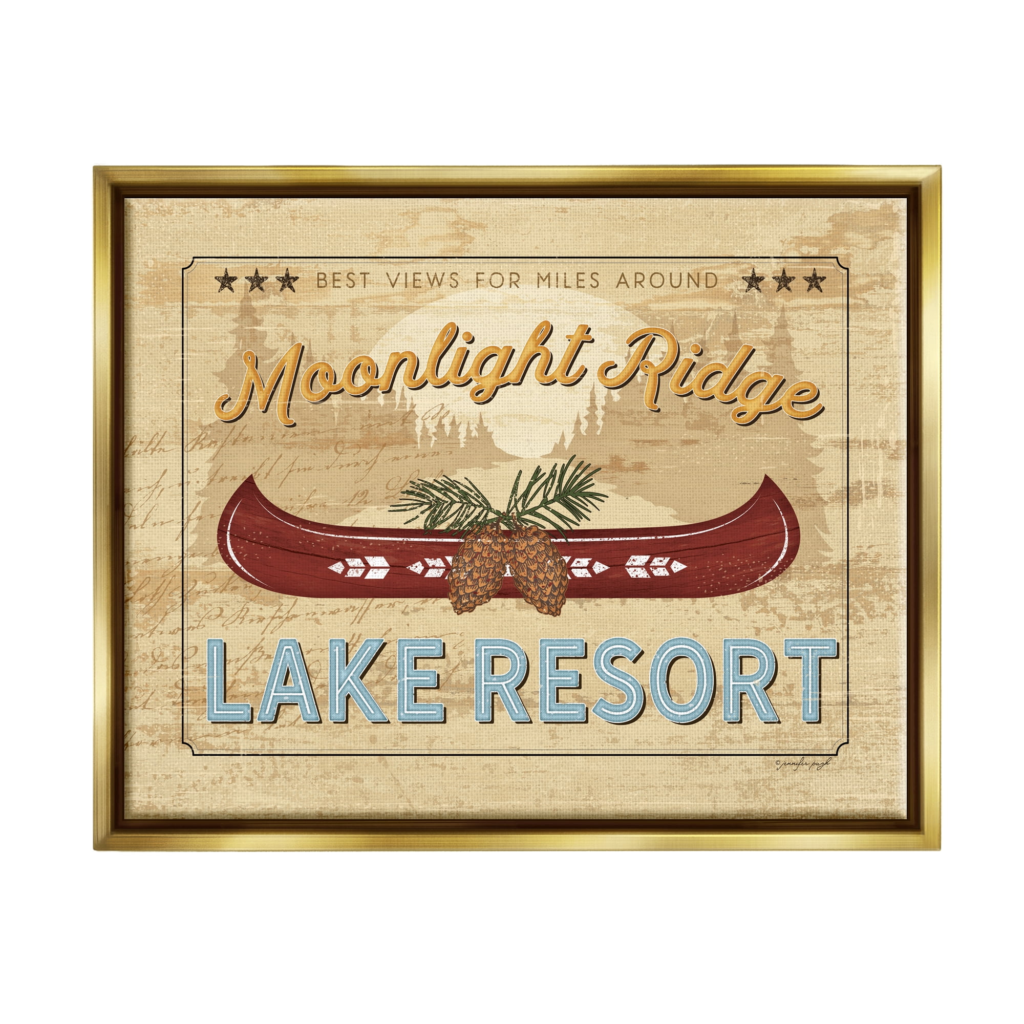 Stupell Moonlight Ridge Lake Resort Canoe Landscape Painting Gold Floater Framed Art Print Wall Art