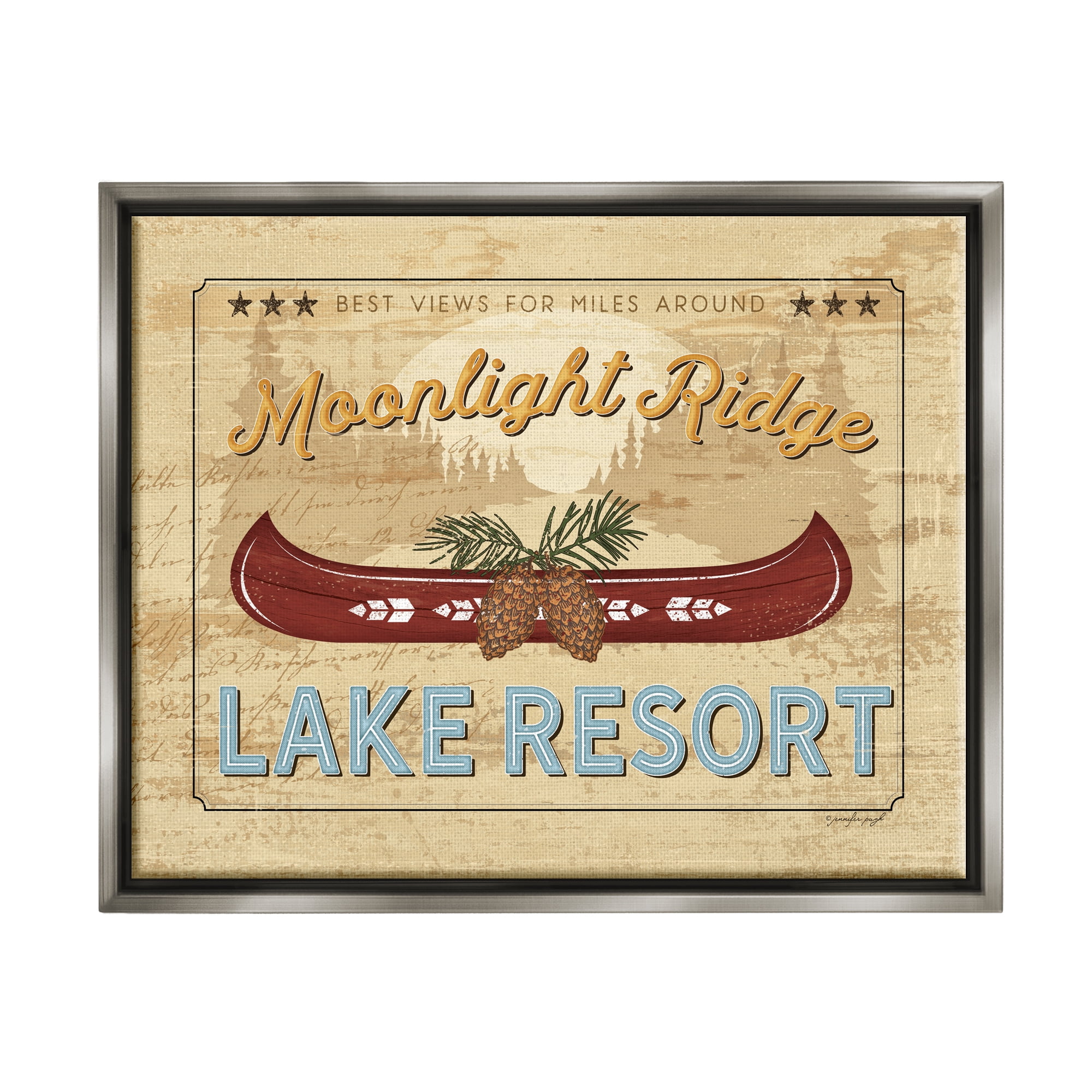 Stupell Moonlight Ridge Lake Resort Canoe Landscape Painting Gray Floater Framed Art Print Wall Art