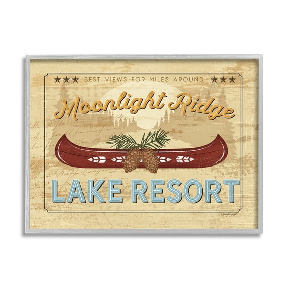 Stupell Moonlight Ridge Lake Resort Canoe Landscape Painting Gray Framed Art Print Wall Art