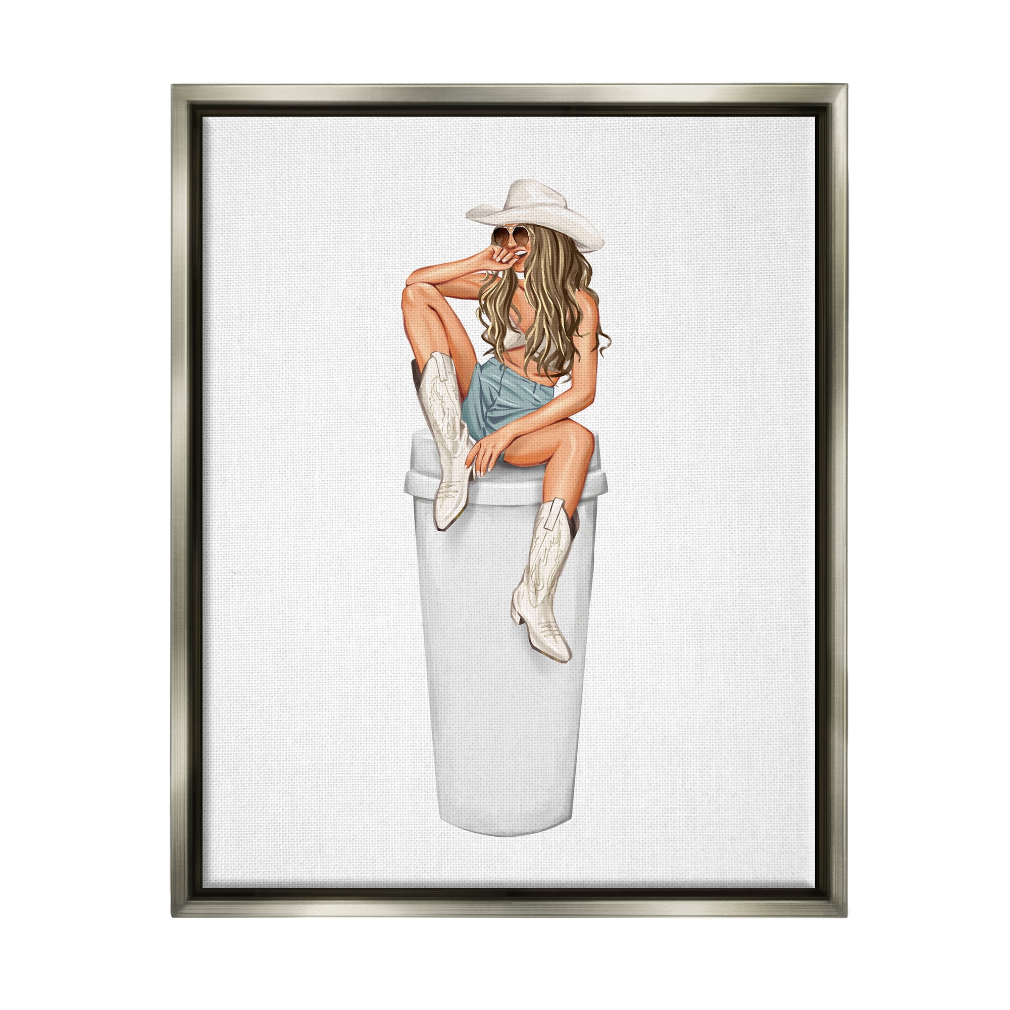 Stupell Morning Coffee Country Cowgirl Beauty & Fashion Painting Gray Floater Framed Art Print Wall Art