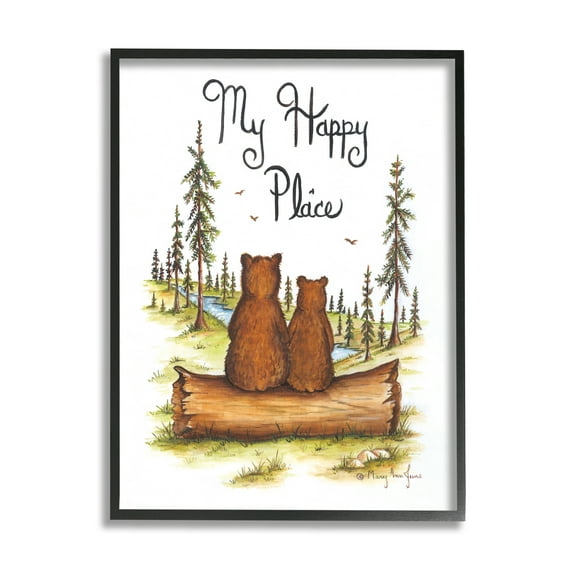 Stupell My Happy Place Woodland Lake Bears Animals & Insects Painting Black Framed Art Print Wall Art