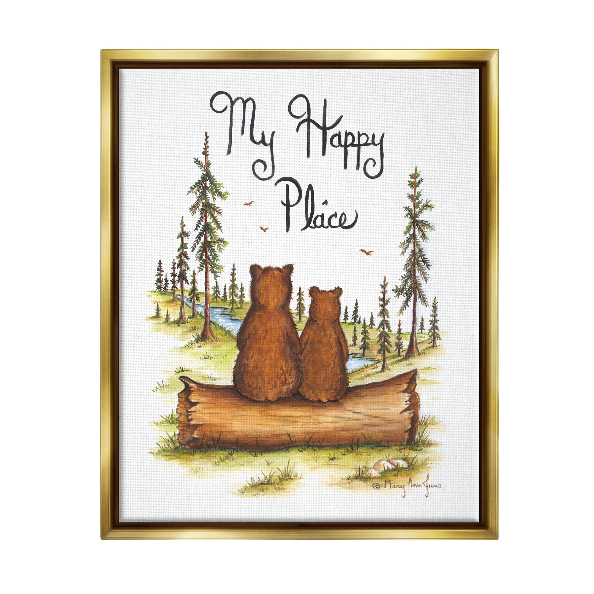 Stupell My Happy Place Woodland Lake Bears Animals & Insects Painting Gold Floater Framed Art Print Wall Art