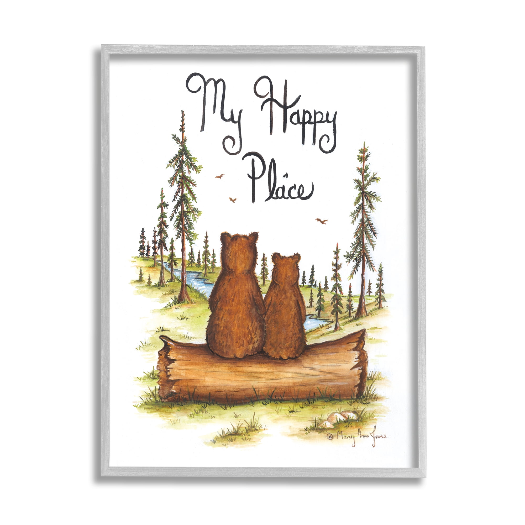 Stupell My Happy Place Woodland Lake Bears Animals & Insects Painting Gray Framed Art Print Wall Art