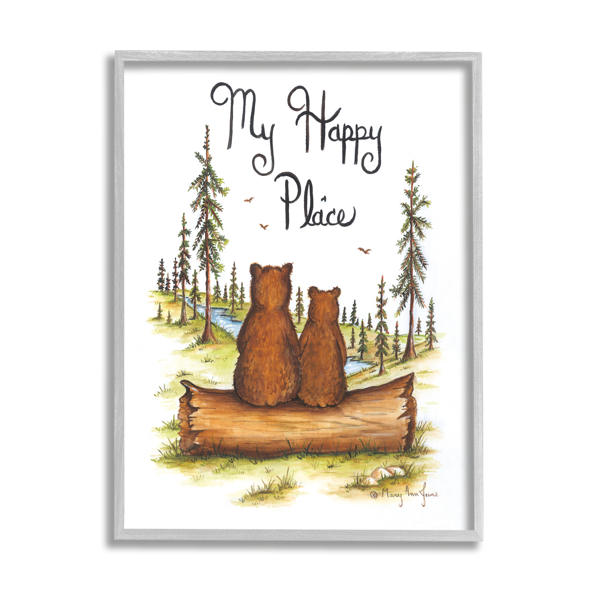 Stupell My Happy Place Woodland Lake Bears Animals & Insects Painting Gray Framed Art Print Wall Art
