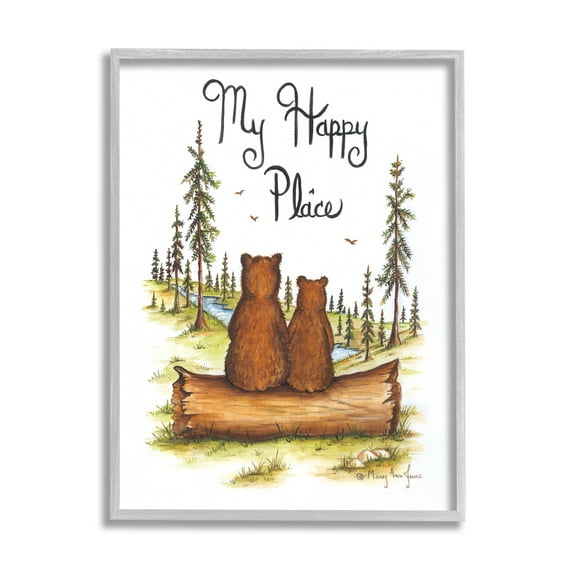 Stupell My Happy Place Woodland Lake Bears Animals & Insects Painting Gray Framed Art Print Wall Art