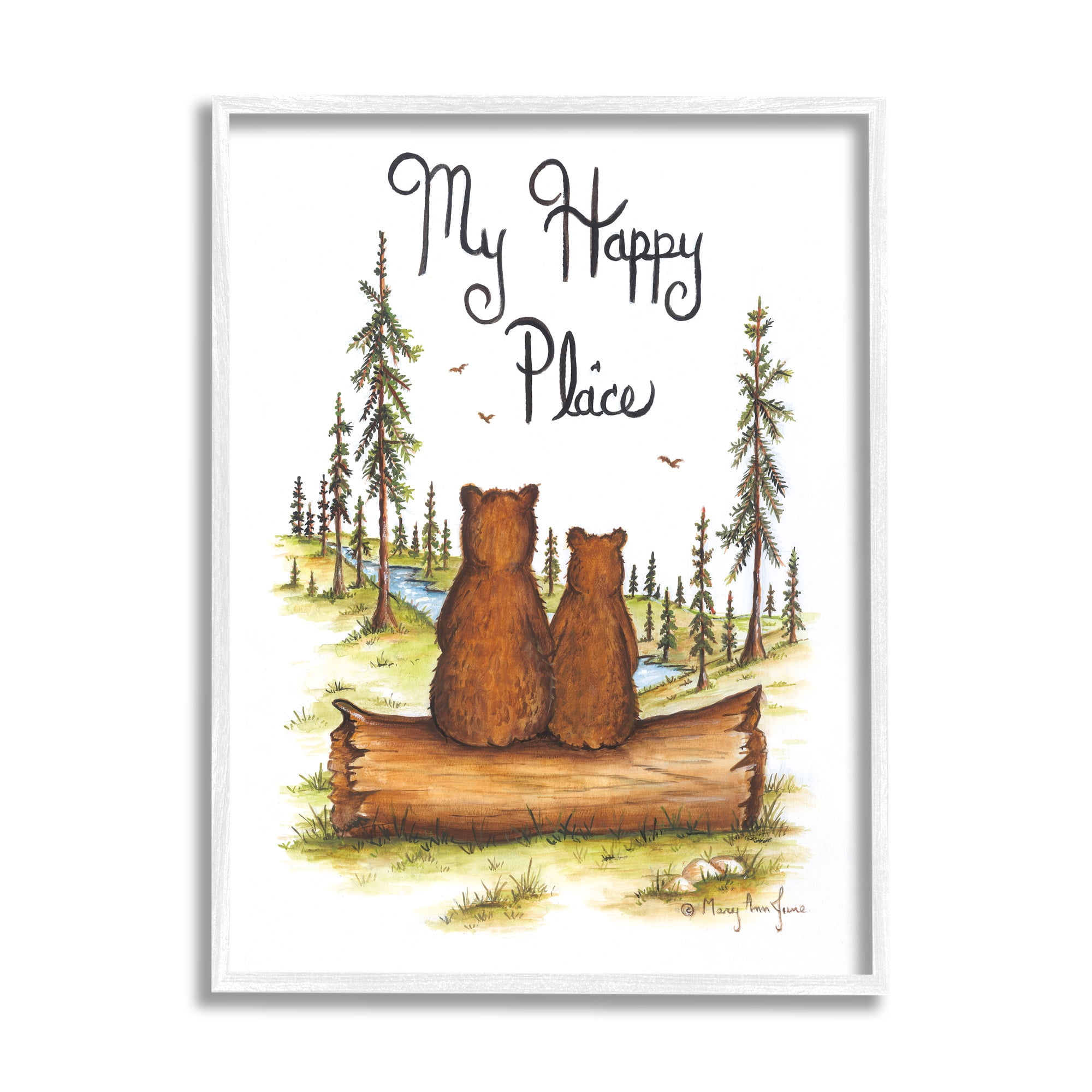 Stupell My Happy Place Woodland Lake Bears Animals & Insects Painting White Framed Art Print Wall Art