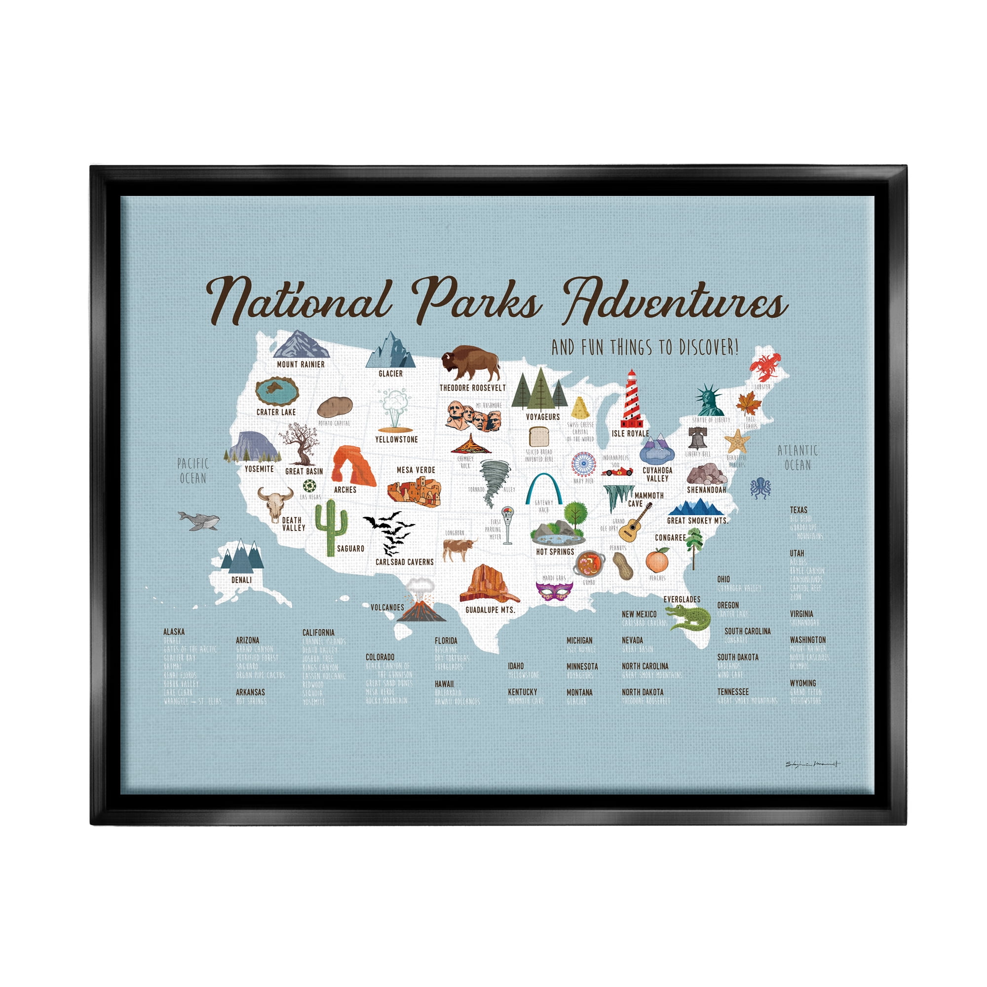 Stupell National Parks Adventures USA Map Animals & Insects Painting Black Floater Framed Art Print Wall Art