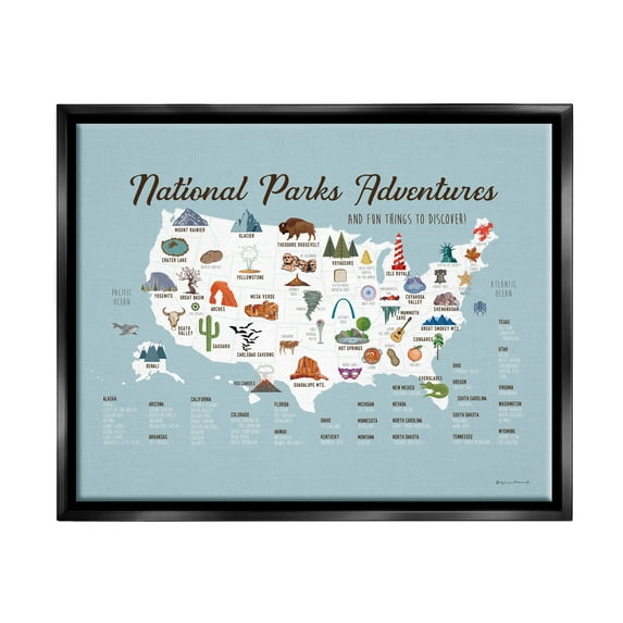 Stupell National Parks Adventures USA Map Animals & Insects Painting Black Floater Framed Art Print Wall Art