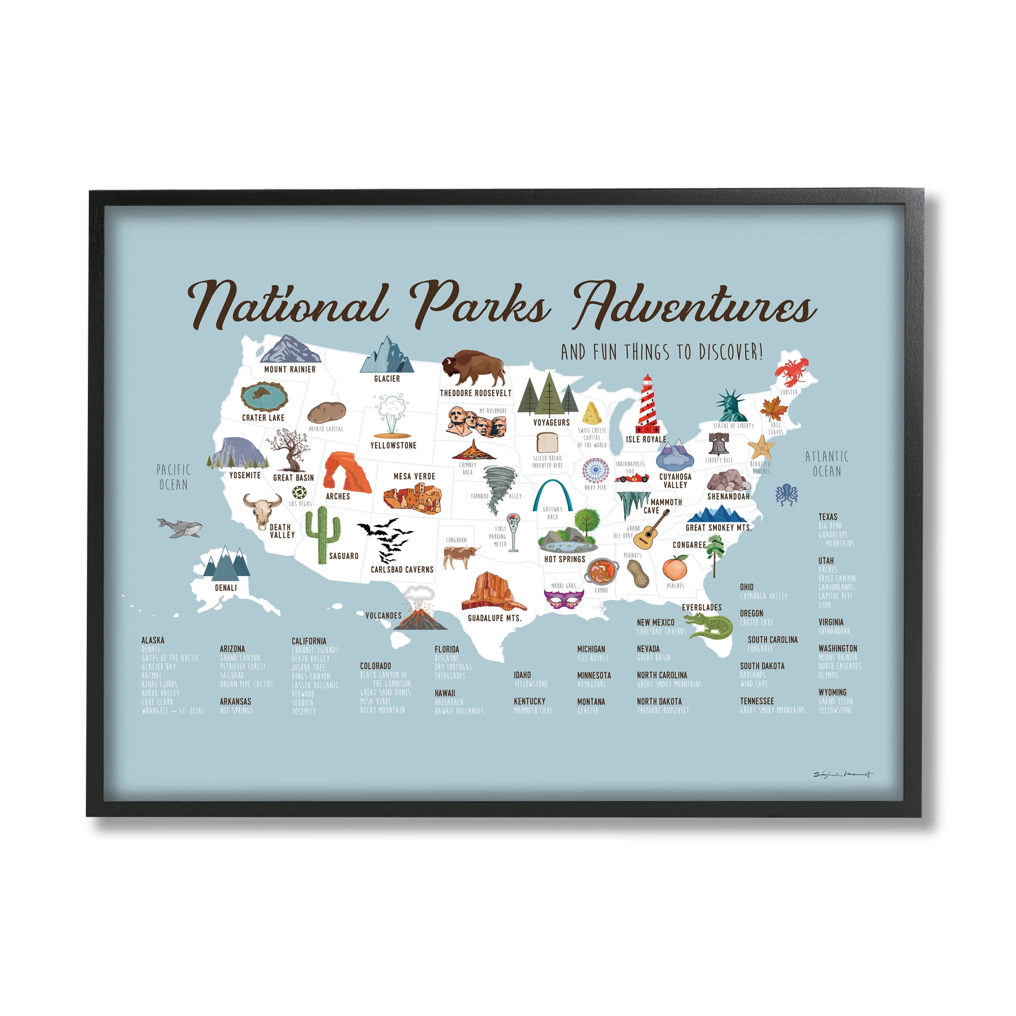 Stupell National Parks Adventures USA Map Animals & Insects Painting Black Framed Art Print Wall Art