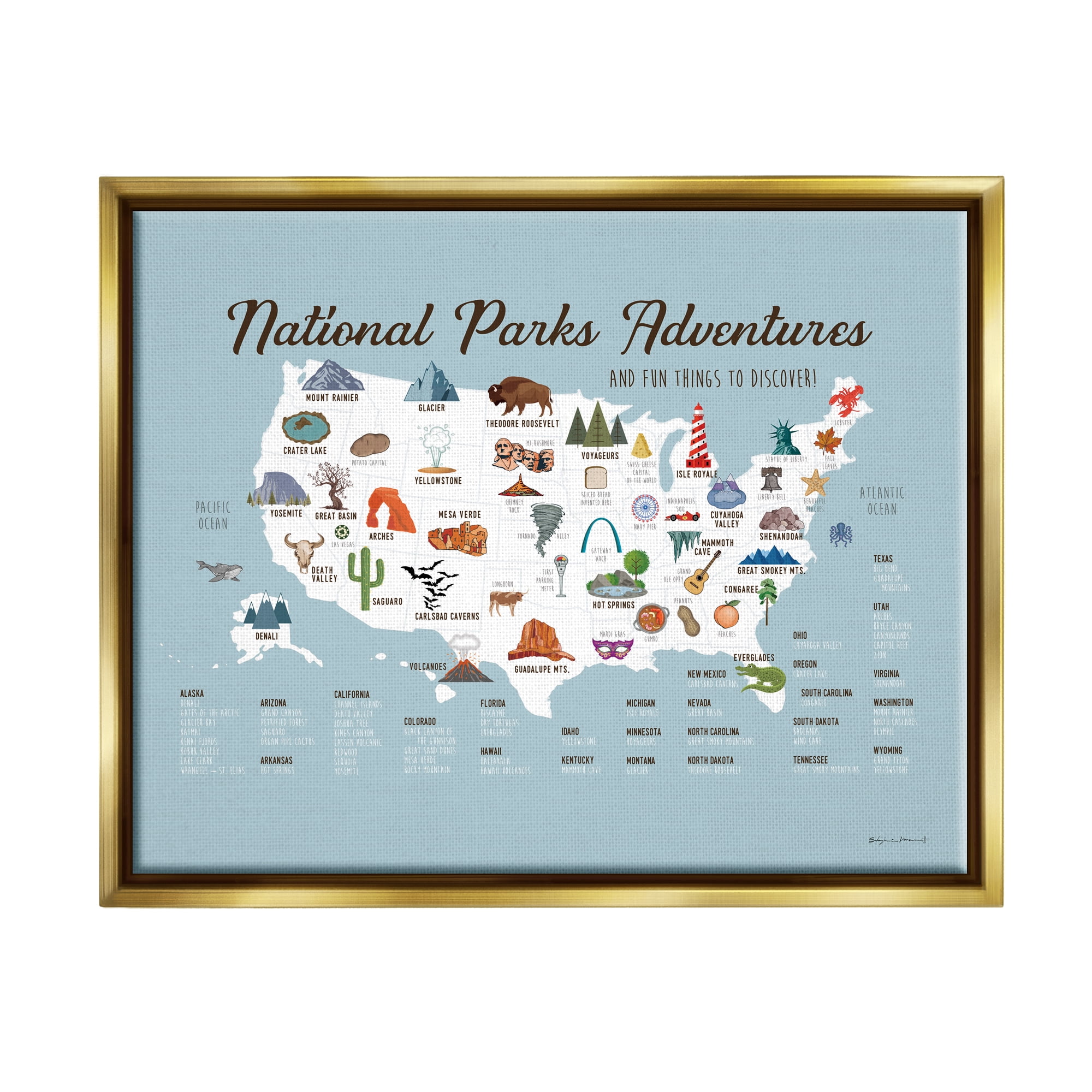 Stupell National Parks Adventures USA Map Animals & Insects Painting Gold Floater Framed Art Print Wall Art