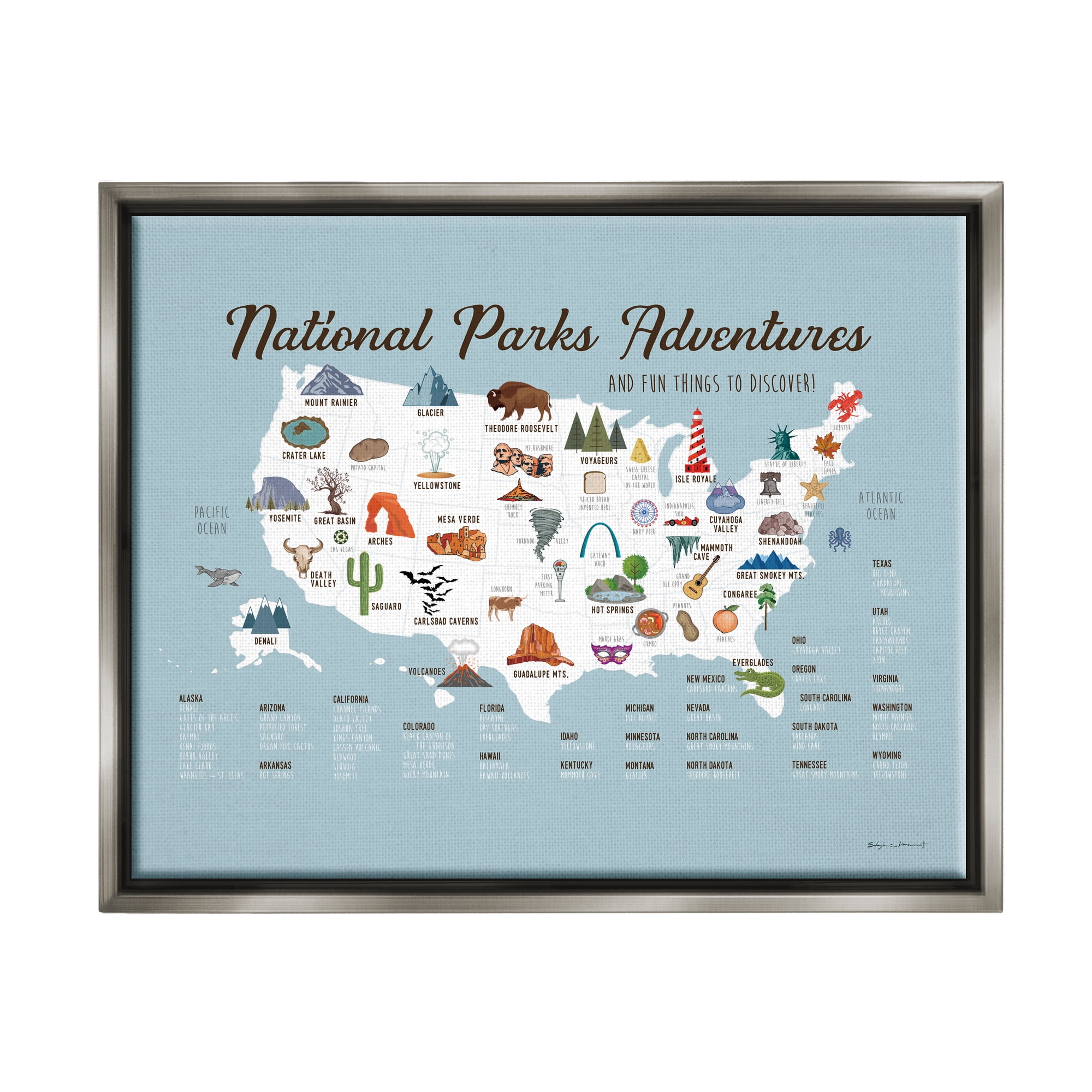 Stupell National Parks Adventures USA Map Animals & Insects Painting Gray Floater Framed Art Print Wall Art