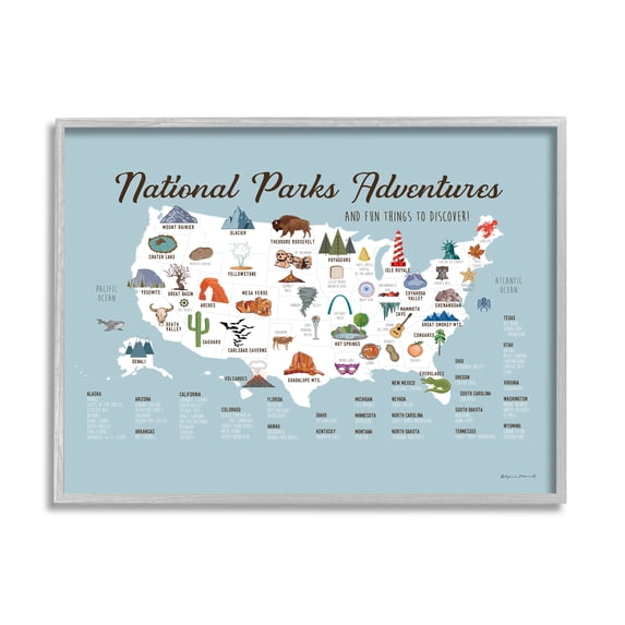 Stupell National Parks Adventures USA Map Animals & Insects Painting Gray Framed Art Print Wall Art