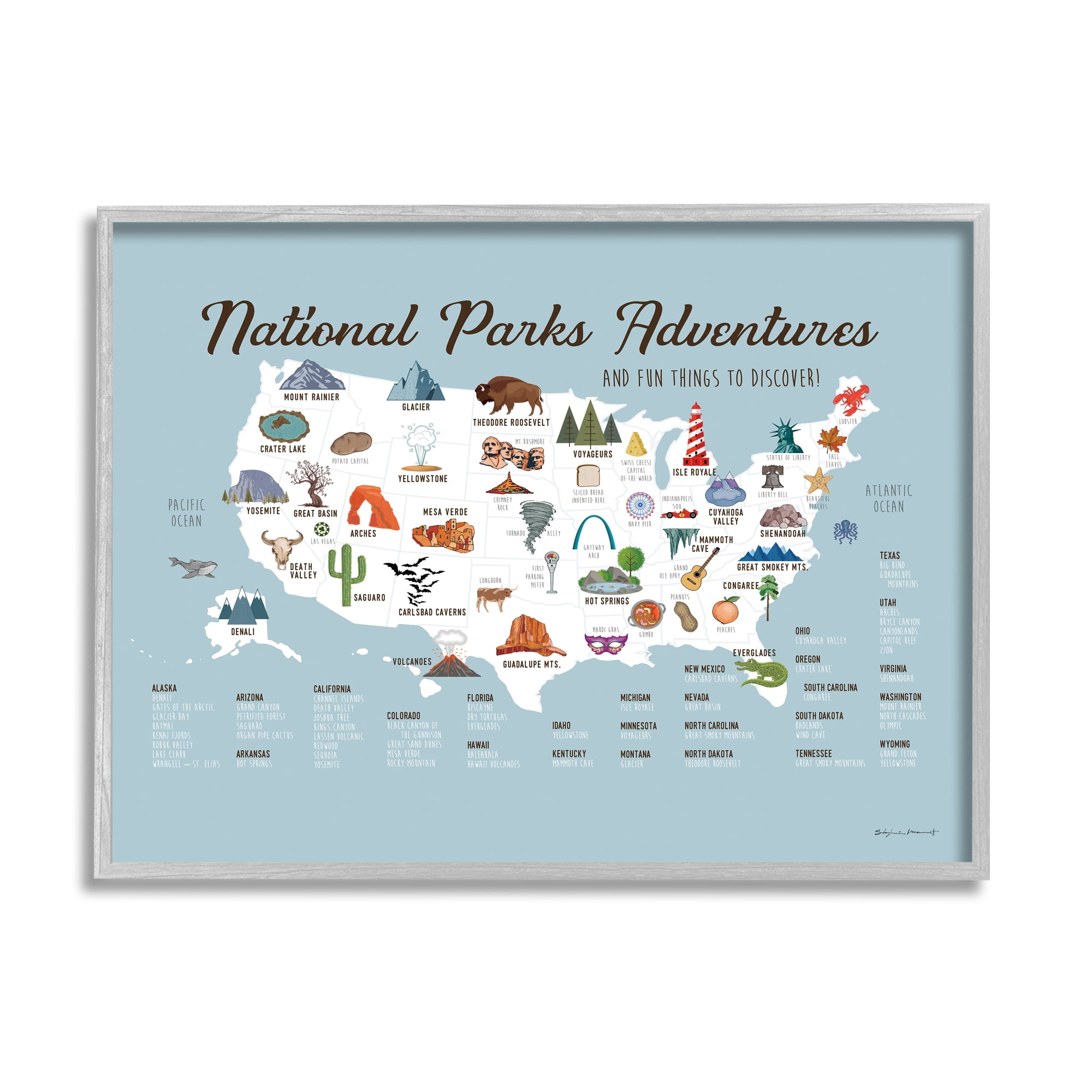 Stupell National Parks Adventures USA Map Animals & Insects Painting Gray Framed Art Print Wall Art