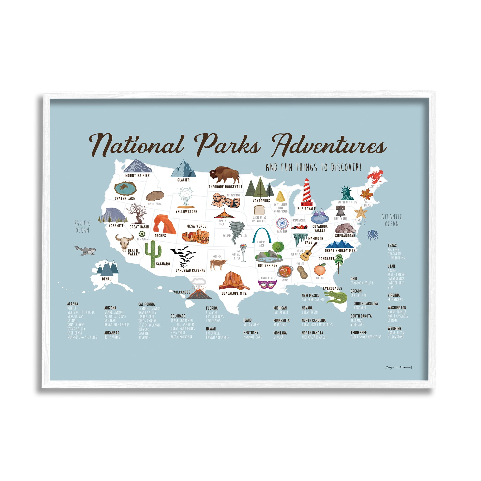 Stupell National Parks Adventures USA Map Animals & Insects Painting White Framed Art Print Wall Art