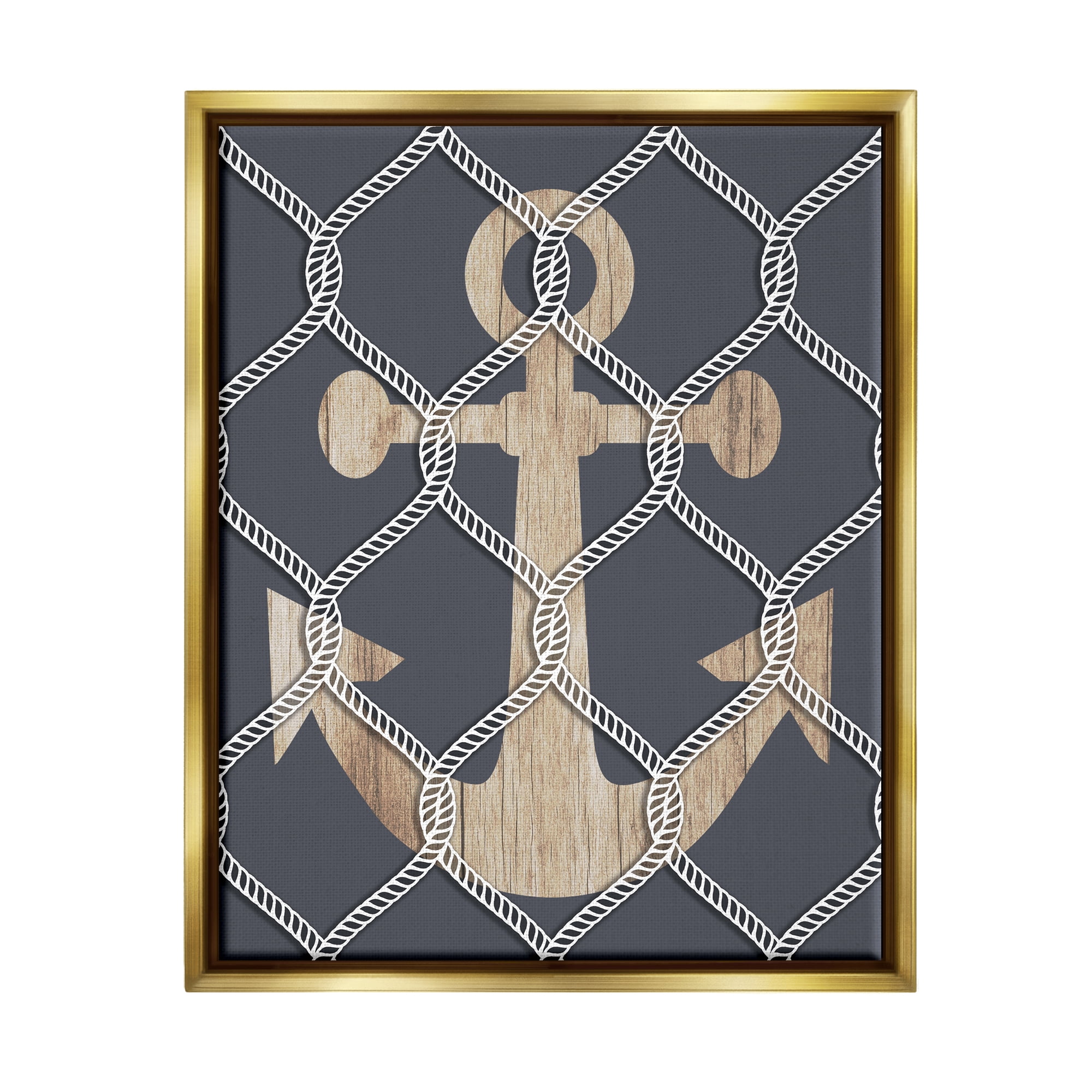 Stupell Nautical Anchor Linked Rope Landscape Painting Gold Floater Framed Art Print Wall Art