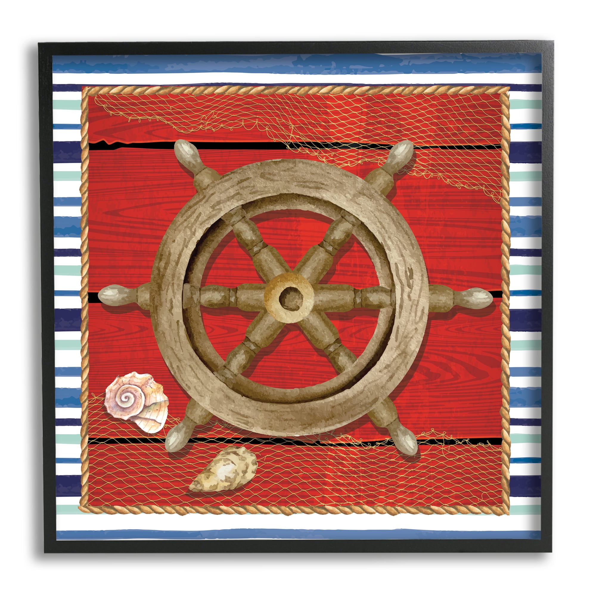 Stupell Nautical Boat Helm Striped Maritime Landscape Painting Black Framed Art Print Wall Art
