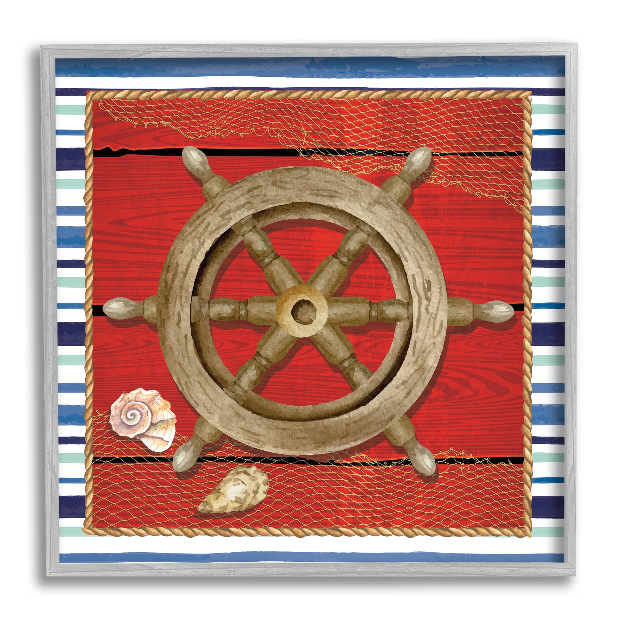 Stupell Nautical Boat Helm Striped Maritime Landscape Painting Gray Framed Art Print Wall Art