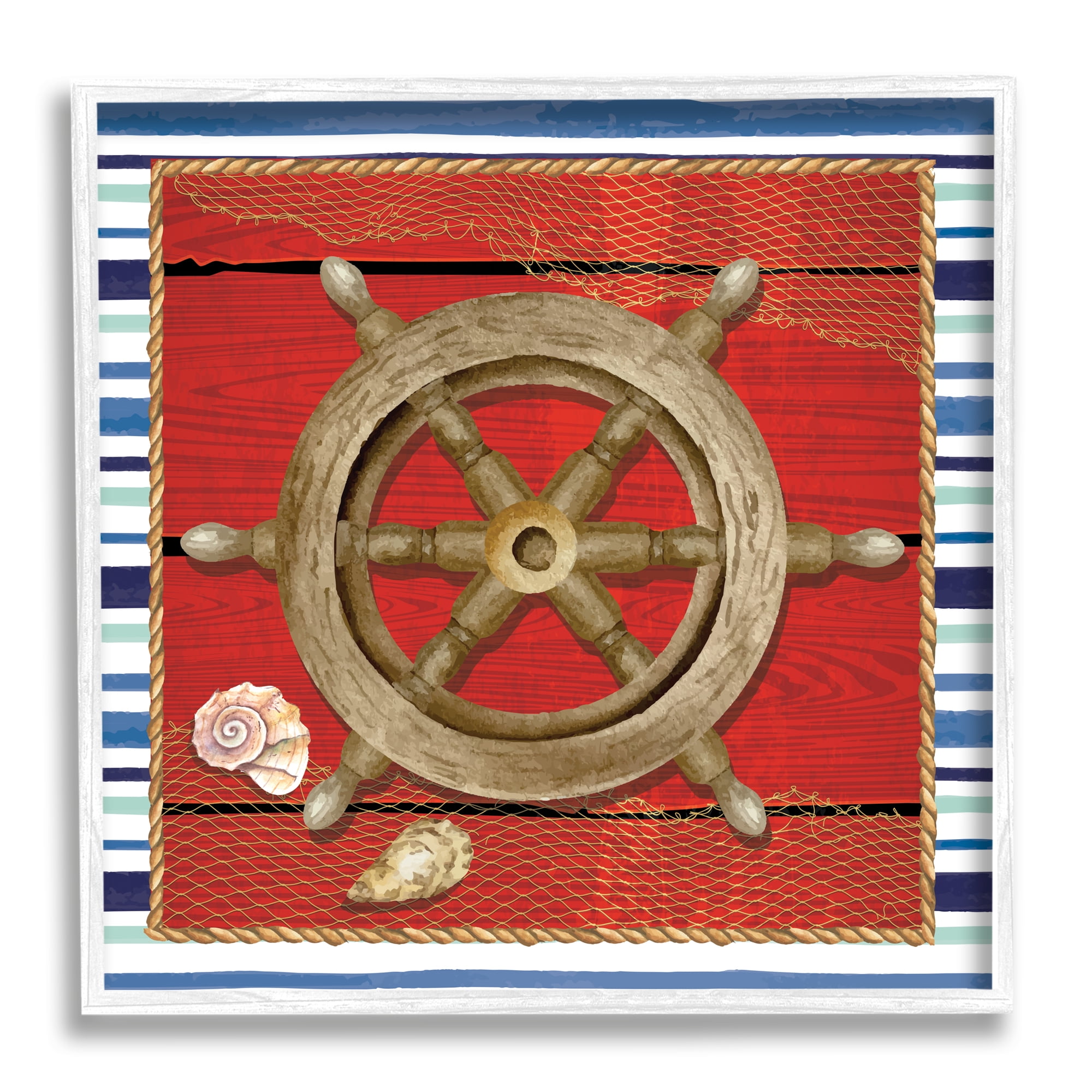 Stupell Nautical Boat Helm Striped Maritime Landscape Painting White Framed Art Print Wall Art