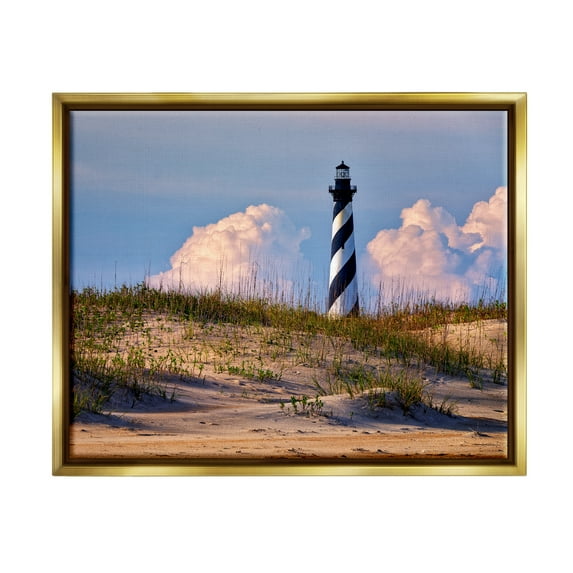 Stupell Nautical Lighthouse Cloudy Dunes Landscape Photography Gold Floater Framed Art Print Wall Art