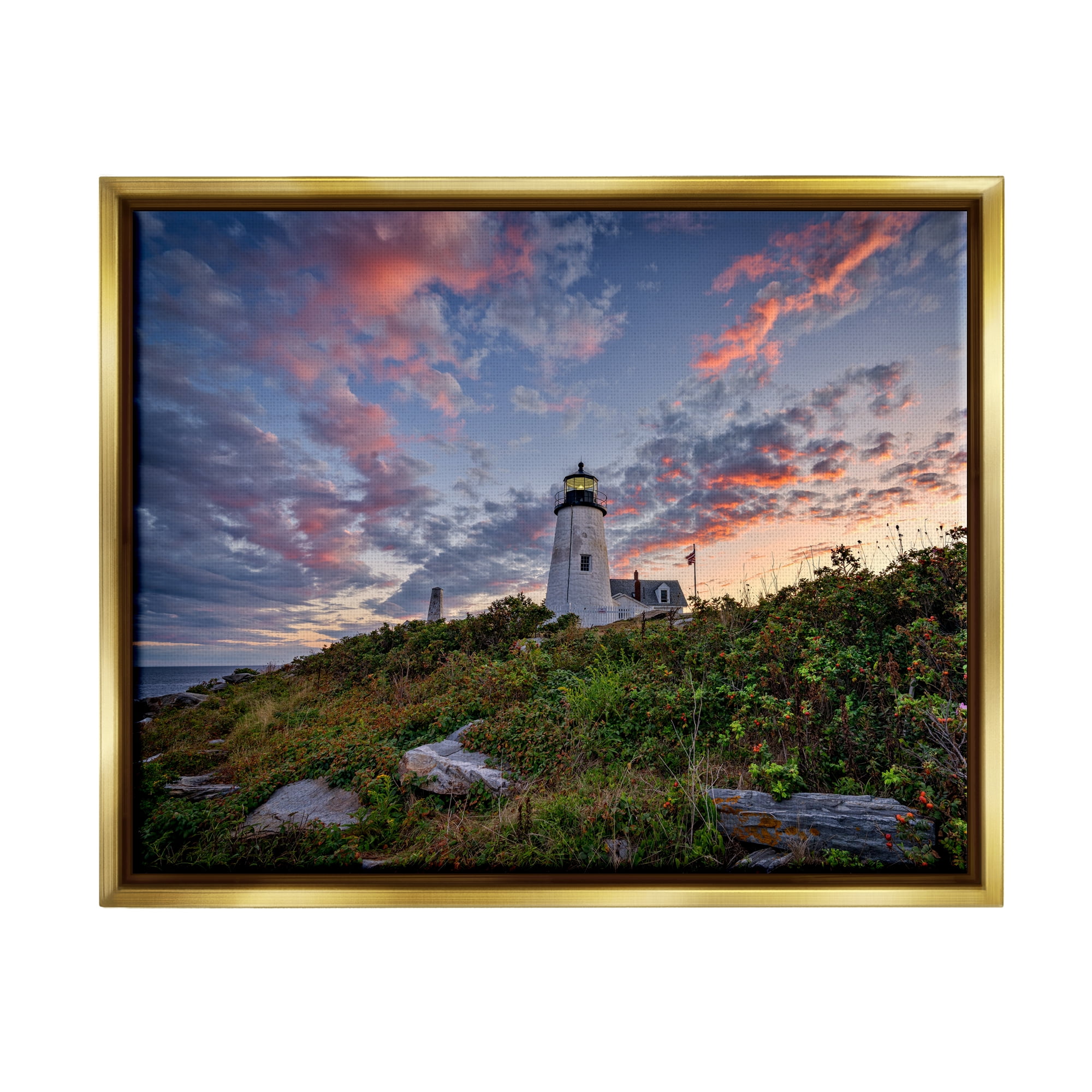 Stupell Nautical Lighthouse Pink Clouds Landscape Landscape Photography Gold Floater Framed Art Print Wall Art