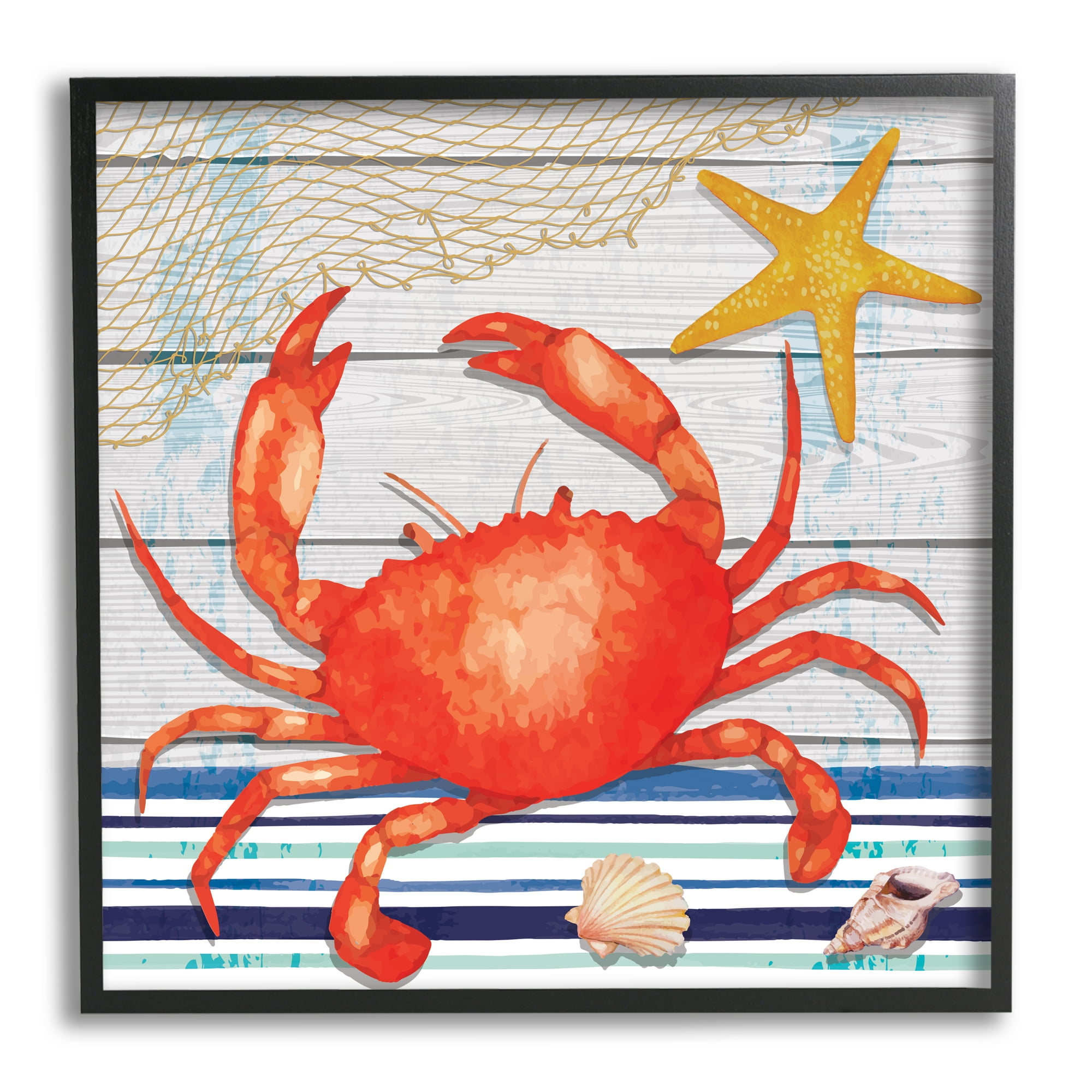 Stupell Nautical Striped Red Crab Sea Life Landscape Painting Black Framed Art Print Wall Art