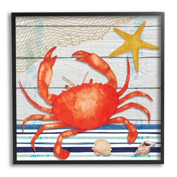 Stupell Nautical Striped Red Crab Sea Life Landscape Painting Black Framed Art Print Wall Art