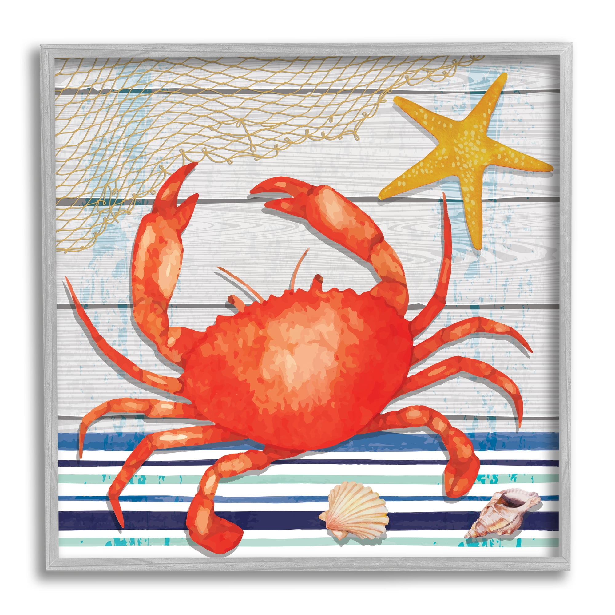 Stupell Nautical Striped Red Crab Sea Life Landscape Painting Gray Framed Art Print Wall Art
