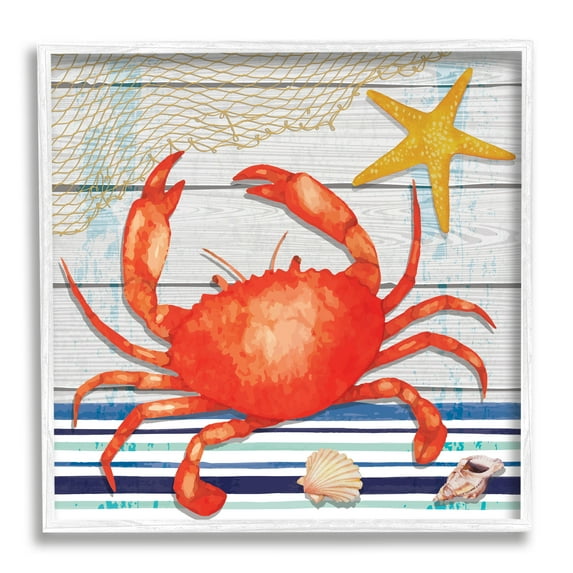 Stupell Nautical Striped Red Crab Sea Life Landscape Painting White Framed Art Print Wall Art
