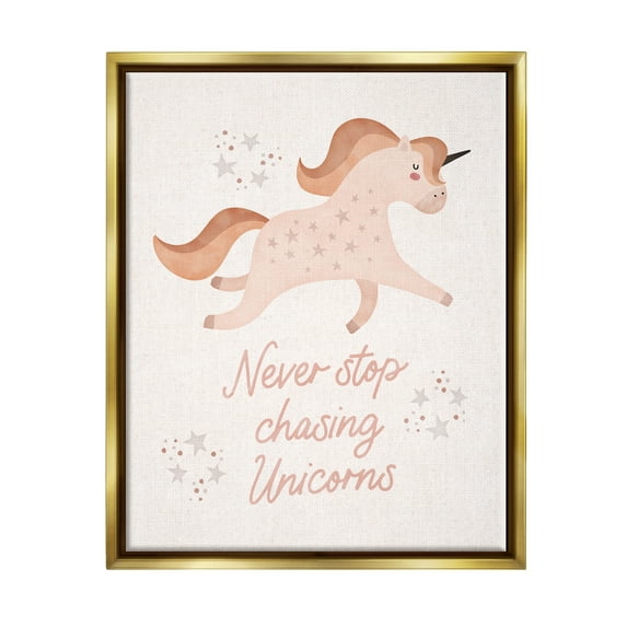Stupell Never Stop Chasing Unicorns Phrase Fairy Tales & Fantasy Painting Gold Floater Framed Art Print Wall Art