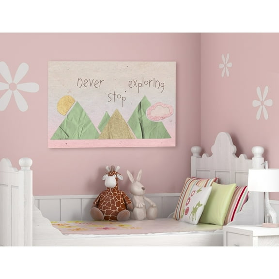 Stupell Never Stop Exploring Mountain Collage Pink Stretched Canvas Wall Art 24 x 30