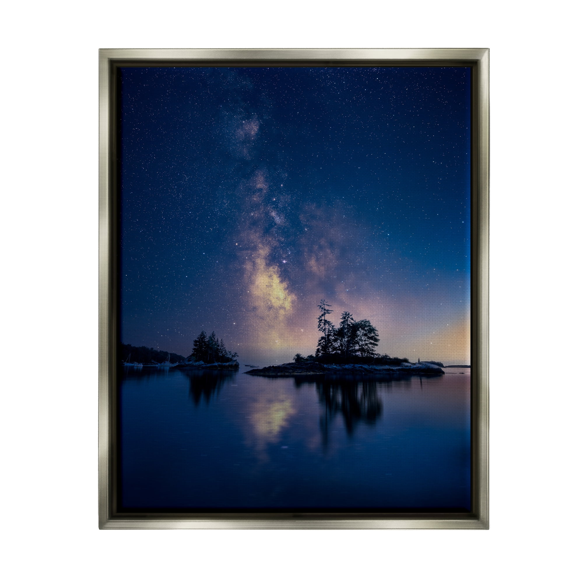 Stupell Night Stars Coastal Island Trees Landscape Photography Gray Floater Framed Art Print Wall Art