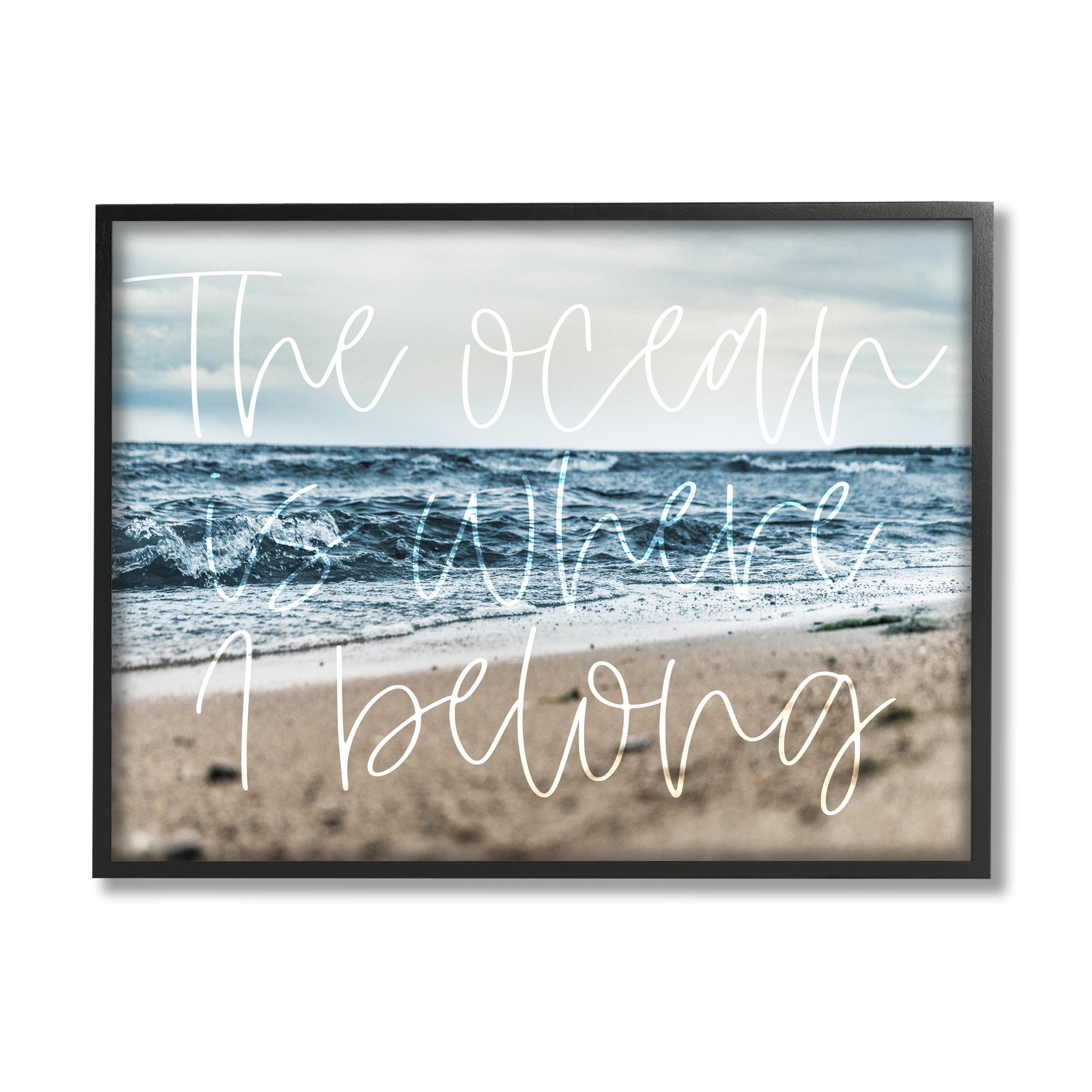 Stupell Ocean Is Where I Belong Beach Waves Landscape Painting Black Framed Art Print Wall Art