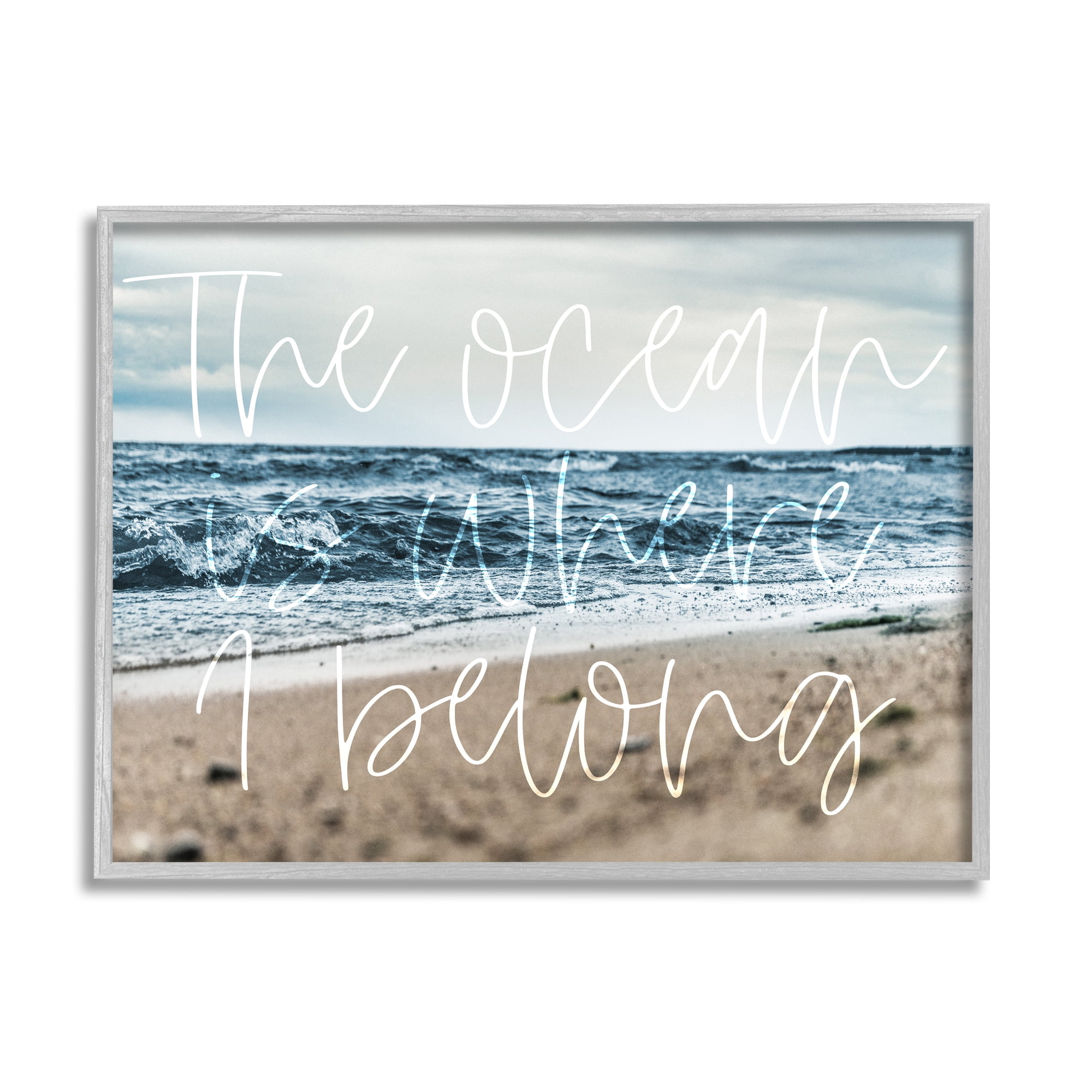 Stupell Ocean Is Where I Belong Beach Waves Landscape Painting Gray Framed Art Print Wall Art