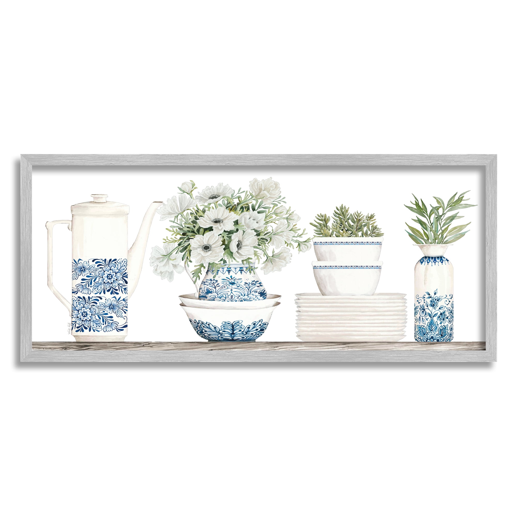 Stupell Ornate Teapot Botanical Bouquets Botanical & Floral Painting Gray Framed Art Print Wall Art