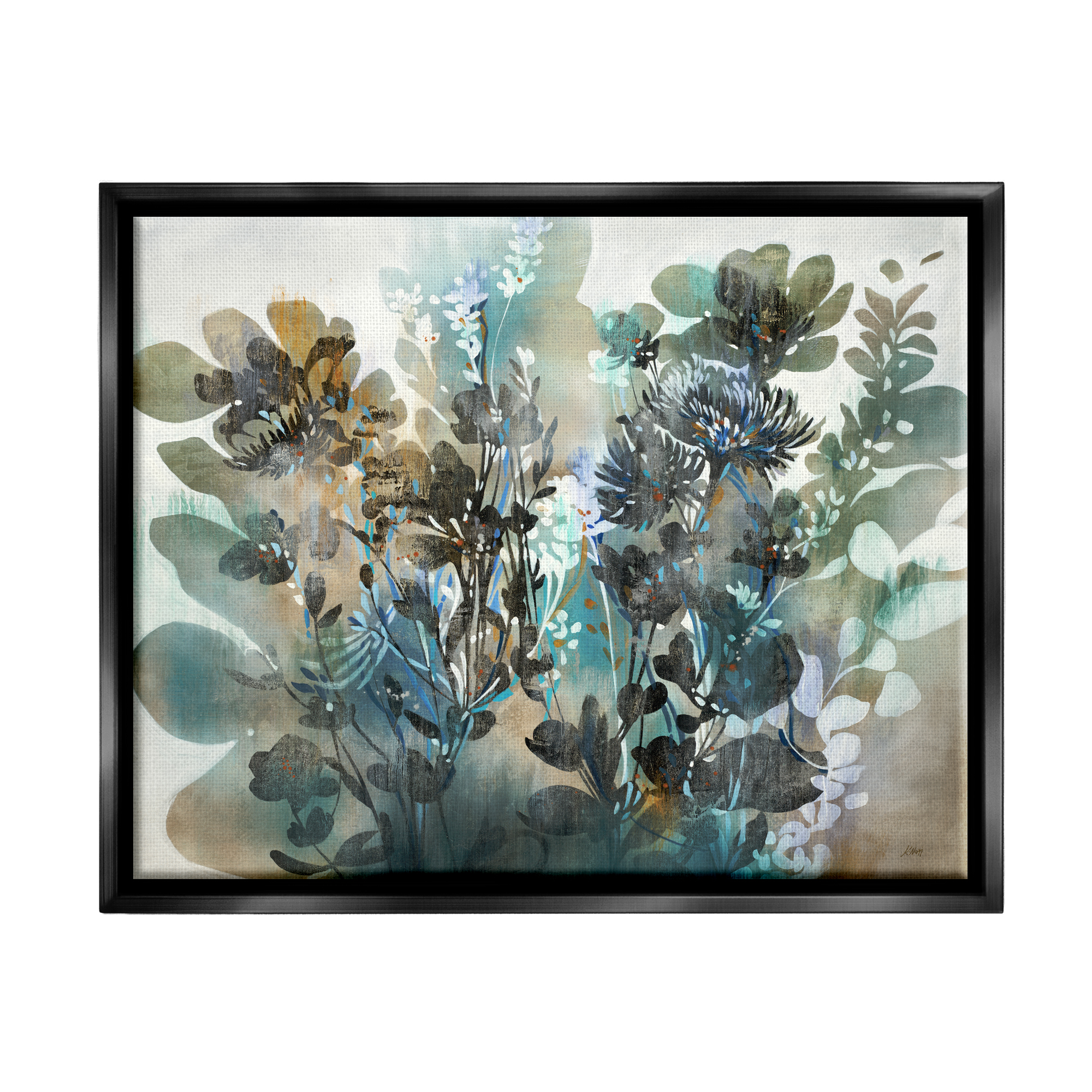 Stupell Overlapping Flower Sprigs Modern Shapes Abstract Painting Black Floater Framed Art Print Wall Art