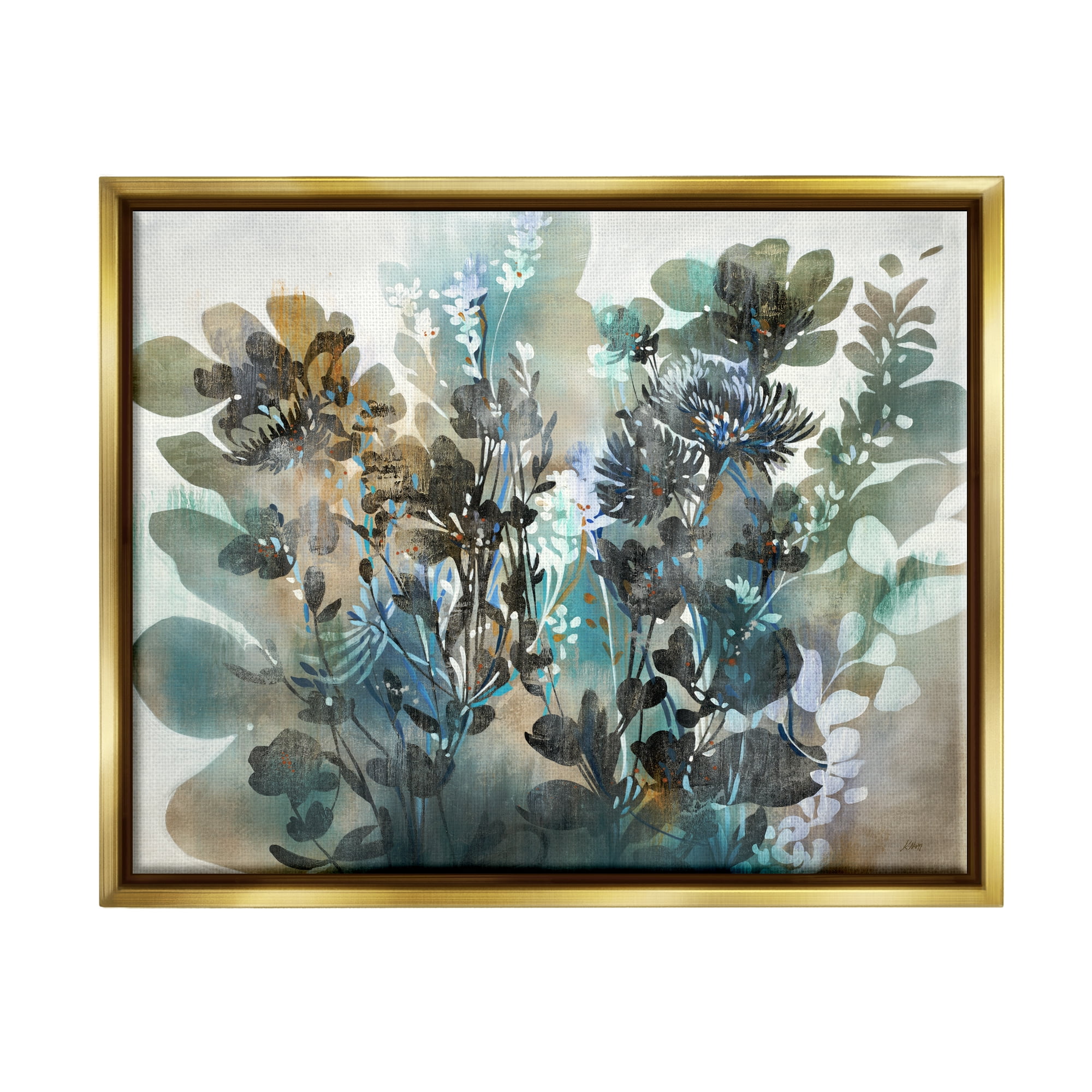 Stupell Overlapping Flower Sprigs Modern Shapes Abstract Painting Gold Floater Framed Art Print Wall Art