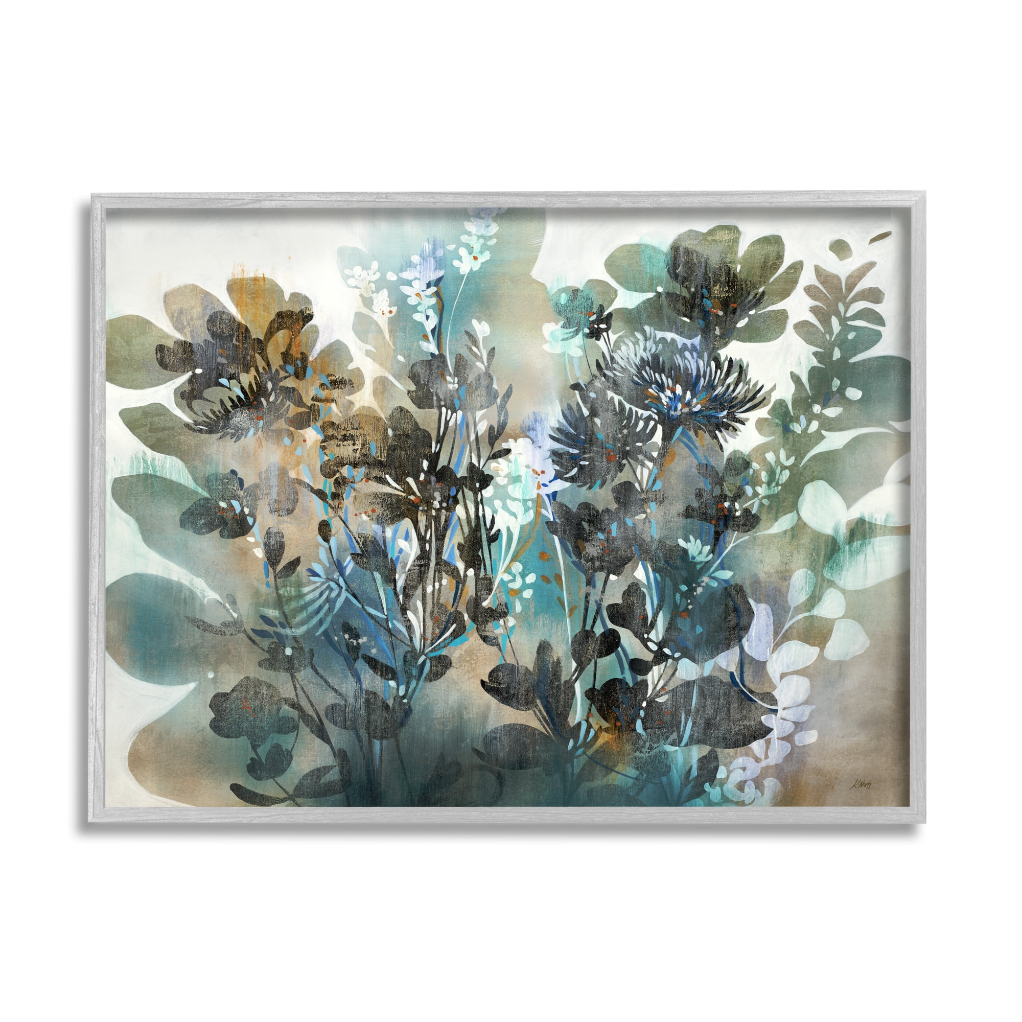 Stupell Overlapping Flower Sprigs Modern Shapes Abstract Painting Gray Framed Art Print Wall Art