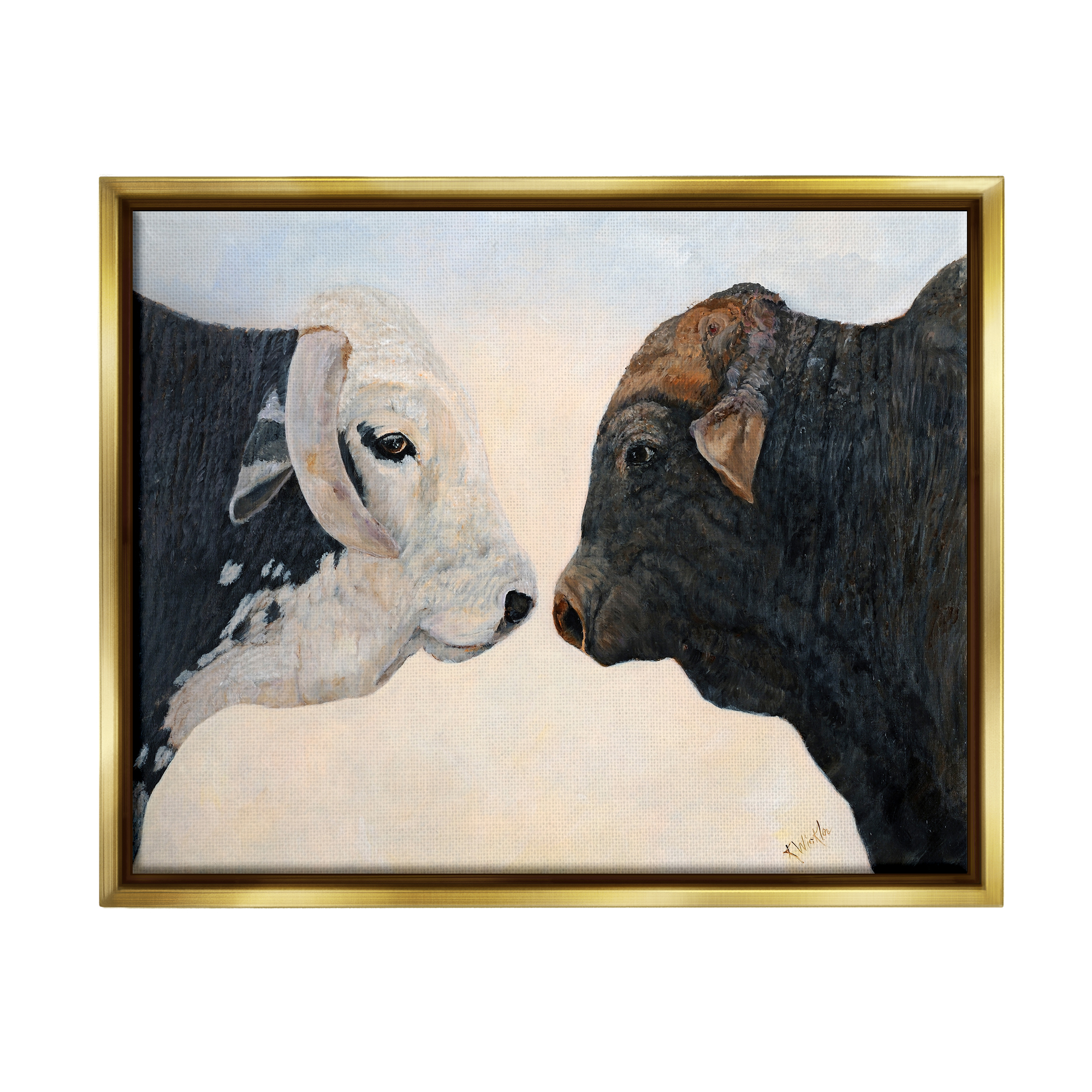 Stupell Oxen Cattle Duo Rural Wildlife Animals & Insects Painting Gold Floater Framed Art Print Wall Art
