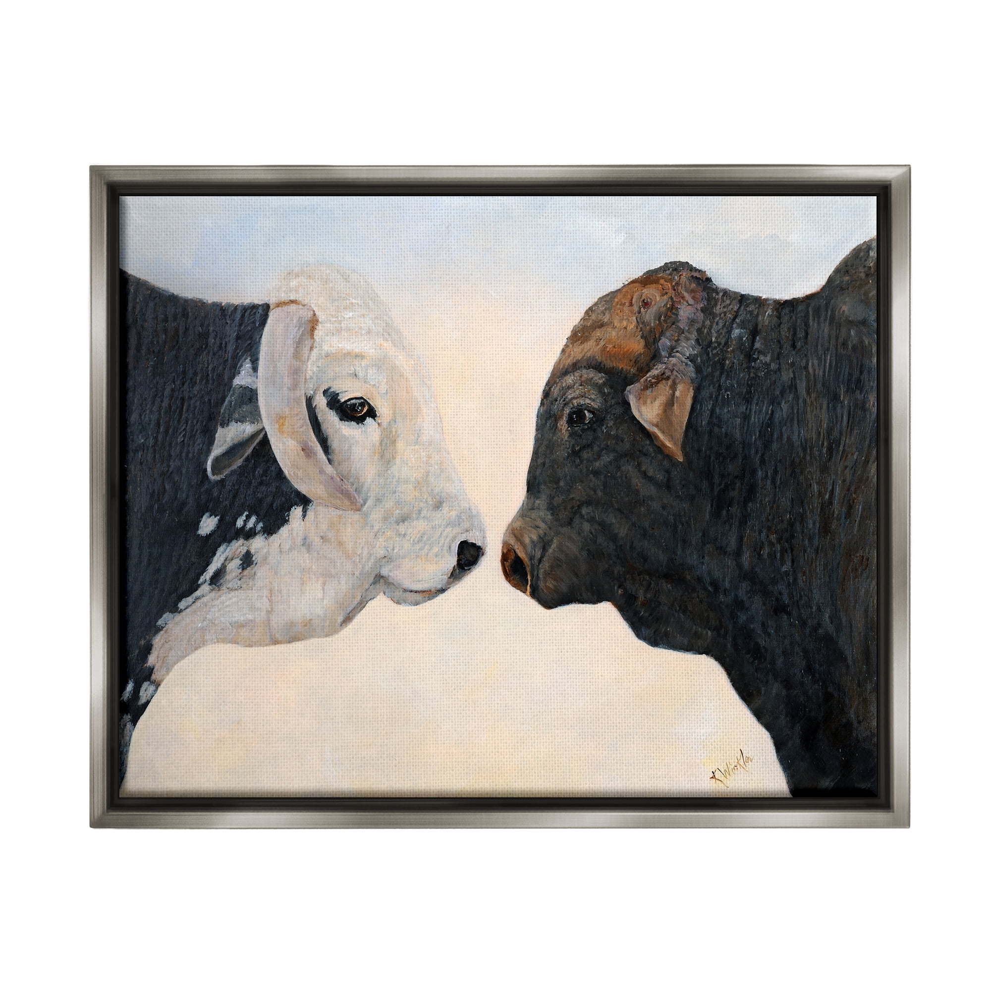 Stupell Oxen Cattle Duo Rural Wildlife Animals & Insects Painting Gray Floater Framed Art Print Wall Art