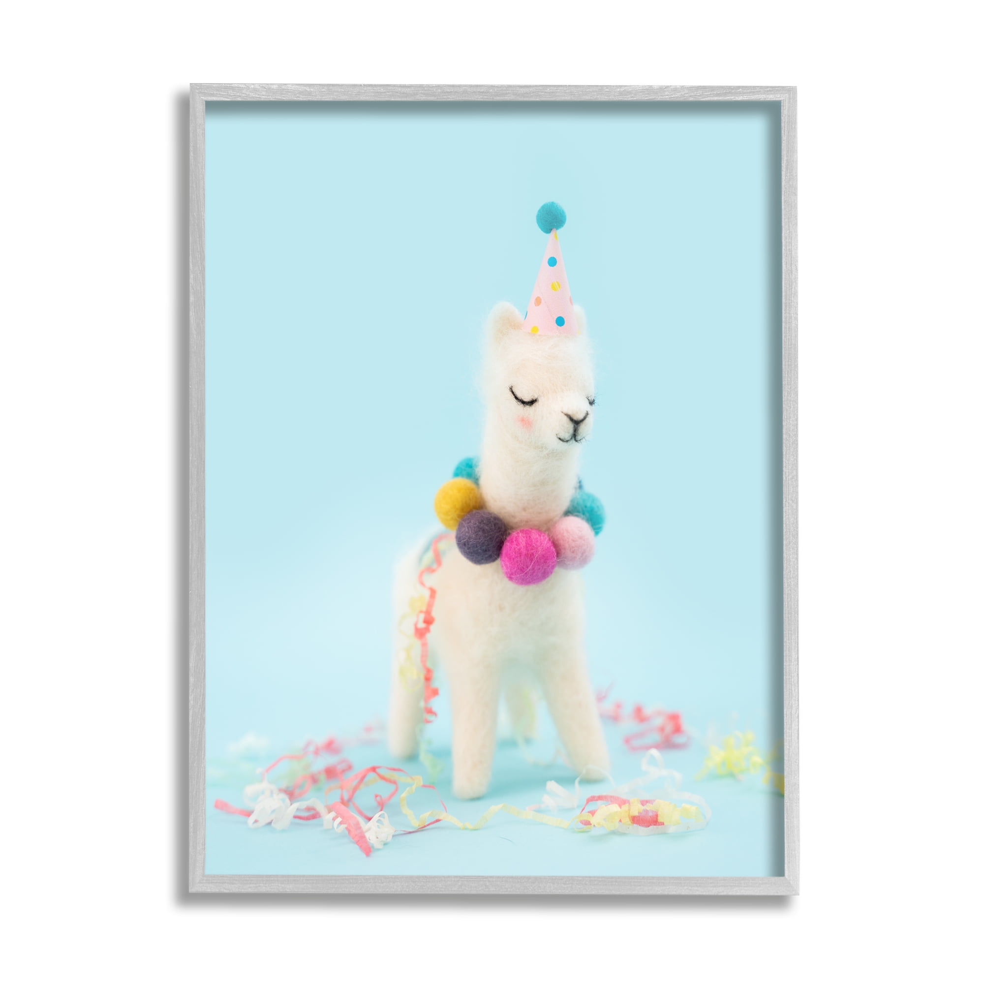 Stupell Pastel Llama Party Hat Celebration Animals & Insects Photography Gray Framed Art Print Wall Art