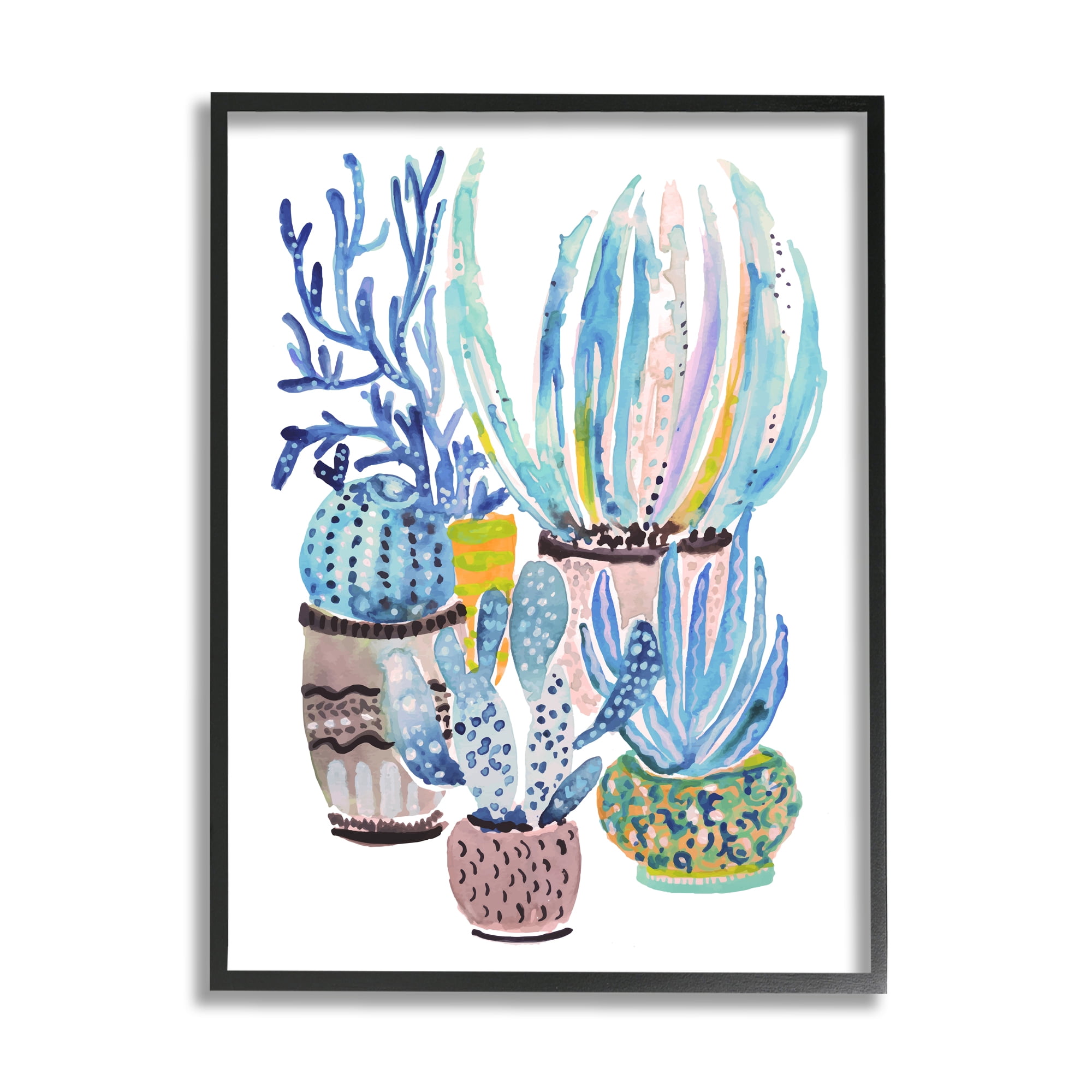 Stupell Patterned Blue Cactus Plants Botanical & Floral Painting Black Framed Art Print Wall Art
